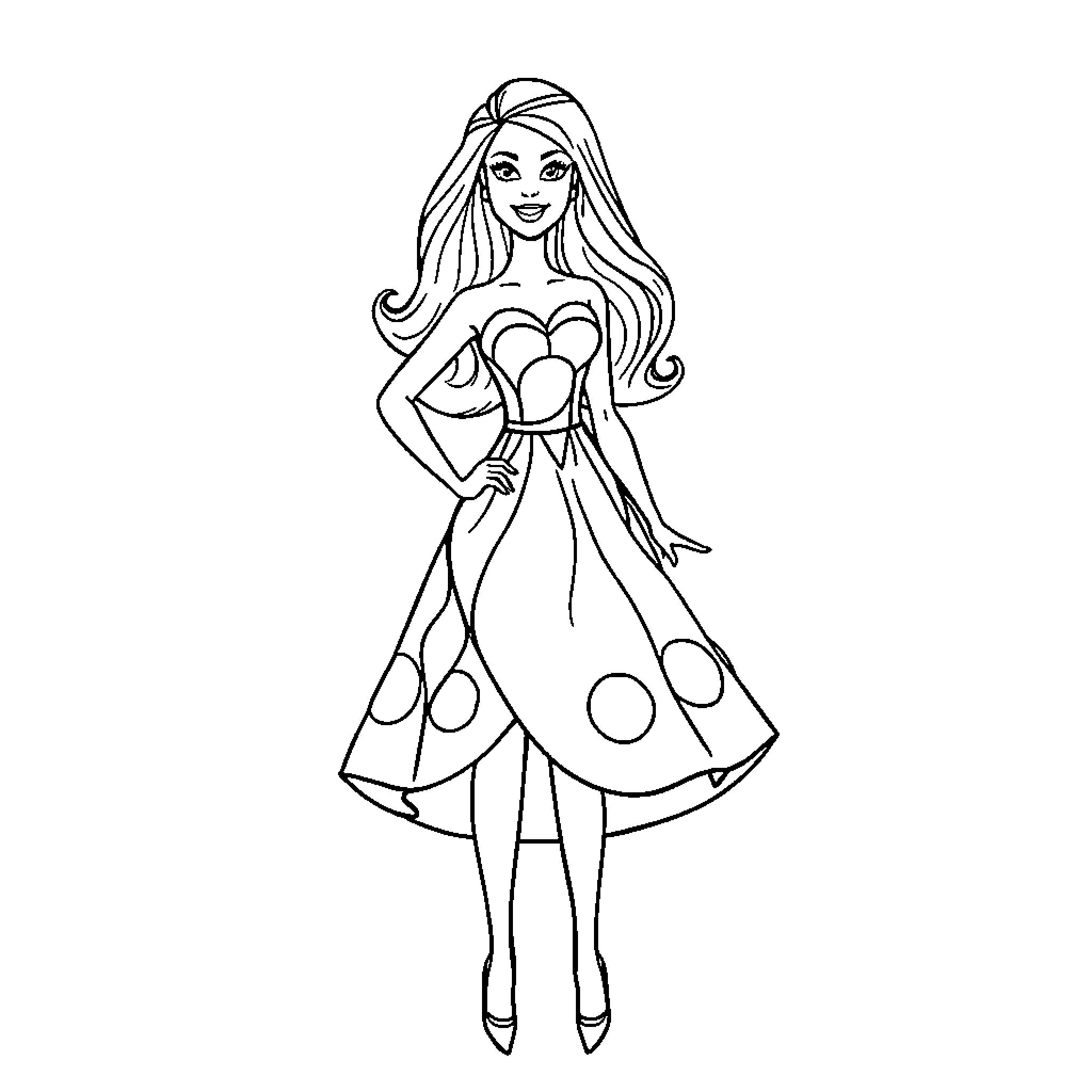 Barbie in Polka Dot Dress Posing Happily Coloring Page (free black-and-white line drawing printable PDF for all, from beginners to advanced learners, including children, teens, adults, and seniors)