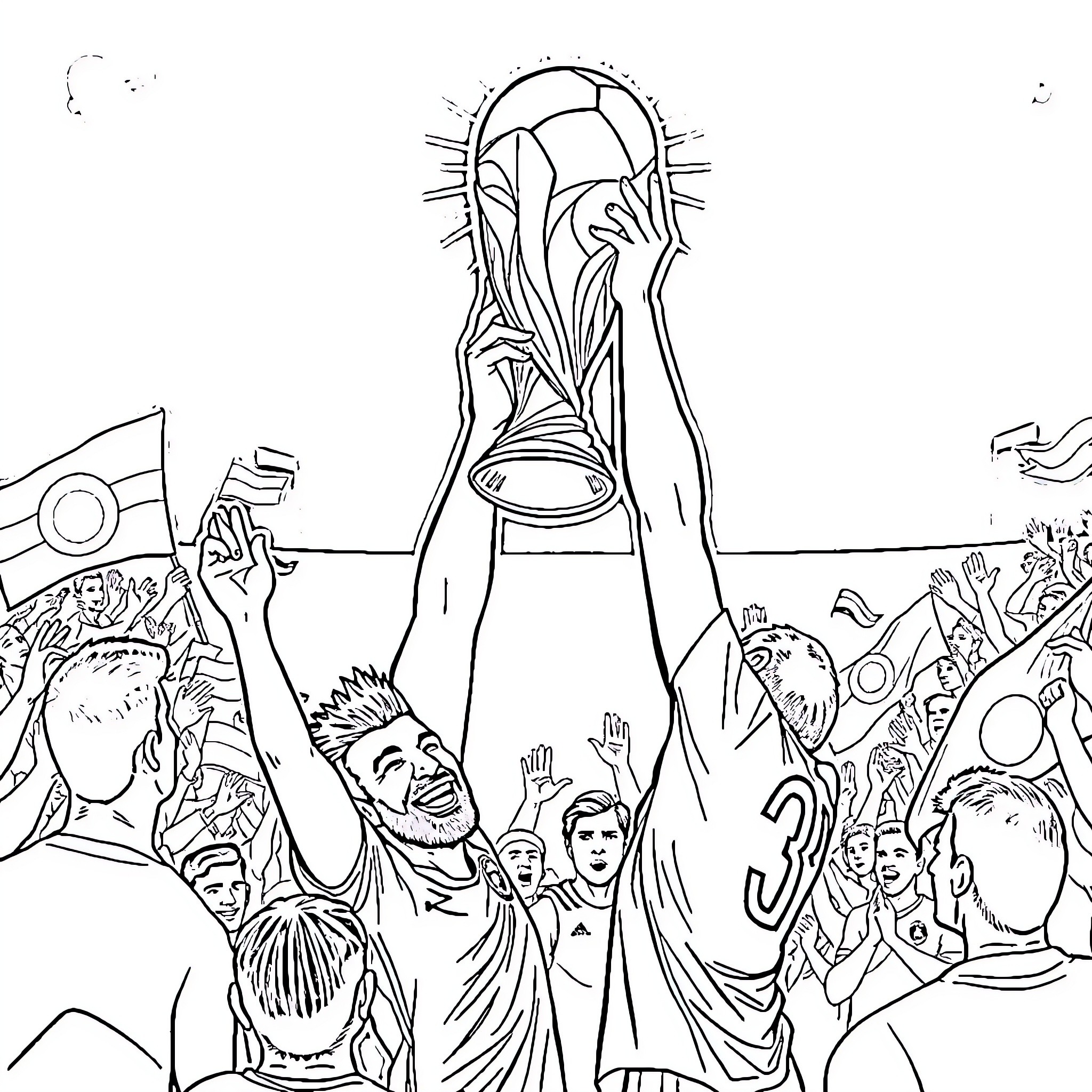 Mo Salah celebrates with team and fans after winning a trophy Coloring Page (free black-and-white line drawing printable PDF for all, from beginners to advanced learners, including children, teens, adults, and seniors)