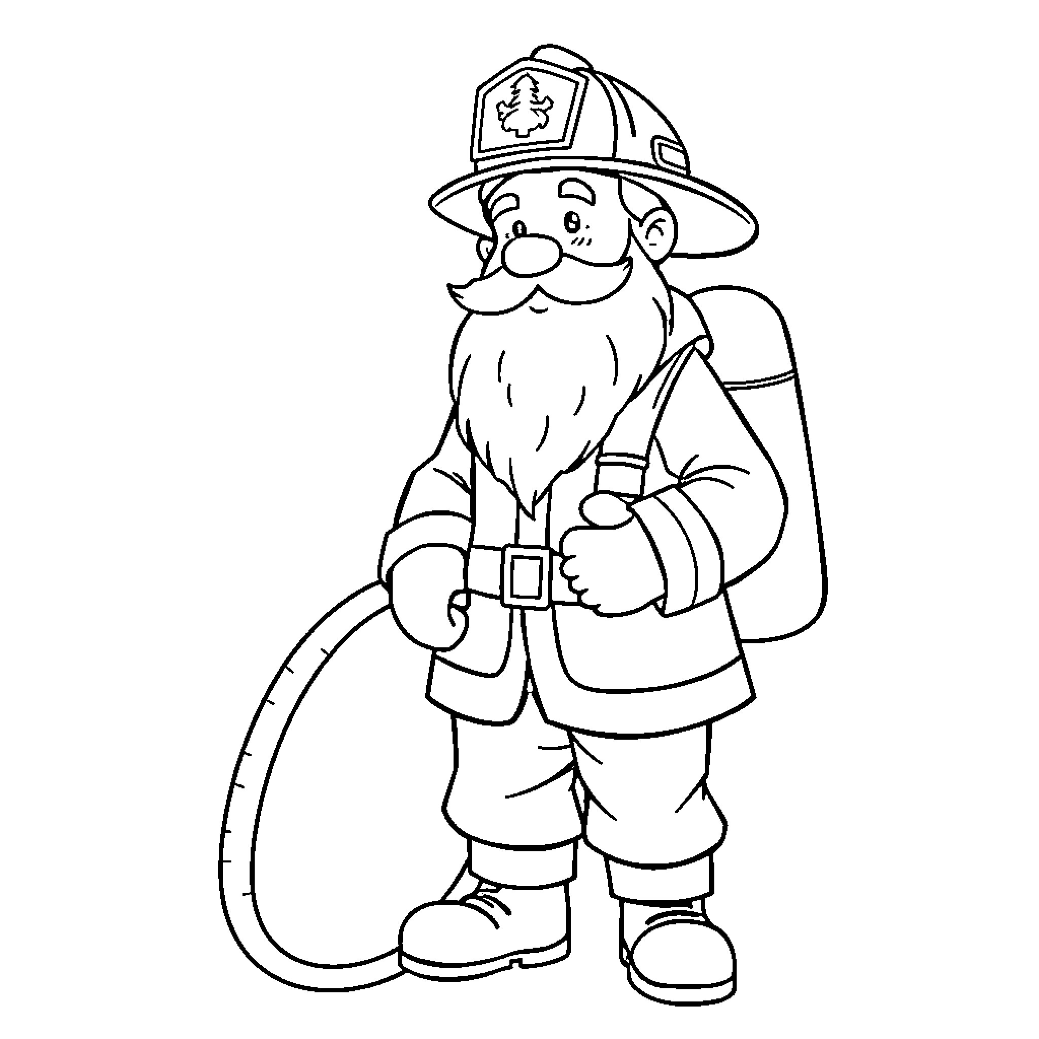 Firefighter in uniform holding firefighting equipment Coloring Page (free black-and-white line drawing printable PDF for all, from beginners to advanced learners, including children, teens, adults, and seniors)