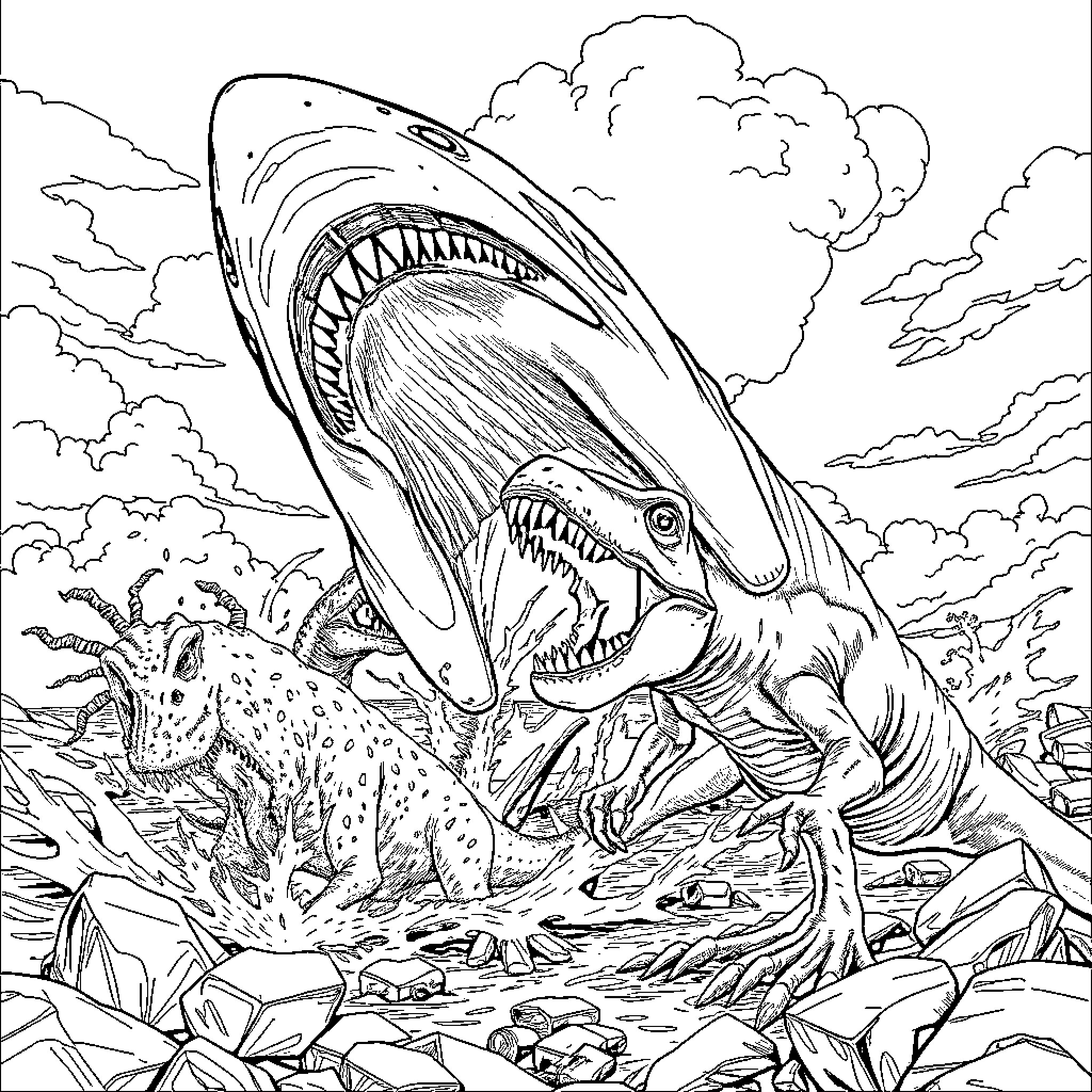 Megalodon Prehistoric Predator Devouring Prey Coloring Page (free black-and-white line drawing printable PDF for all, from beginners to advanced learners, including children, teens, adults, and seniors)