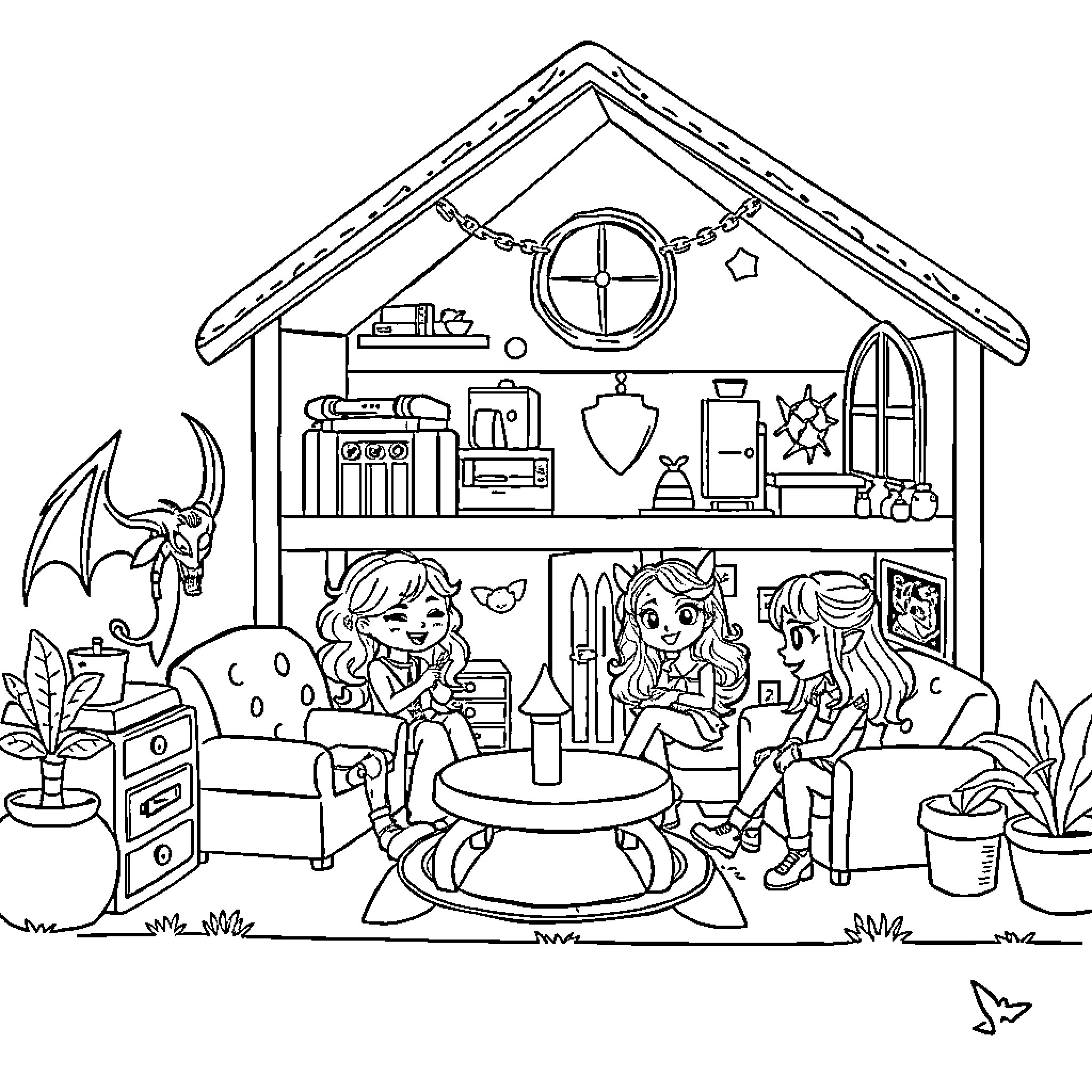 Gabby's Dollhouse: Girls exploring and playing in cozy room Coloring Page (free black-and-white line drawing printable PDF for all, from beginners to advanced learners, including children, teens, adults, and seniors)