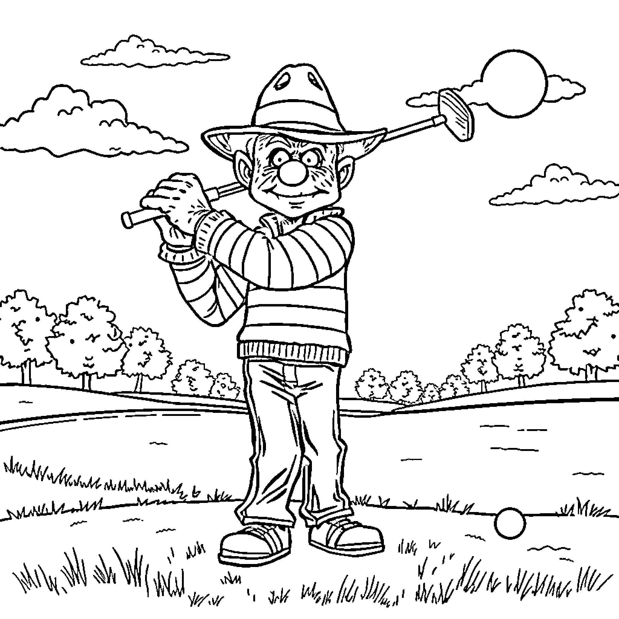 Freddy Kruger gardening in the park Coloring Page (free black-and-white line drawing printable PDF for all, from beginners to advanced learners, including children, teens, adults, and seniors)