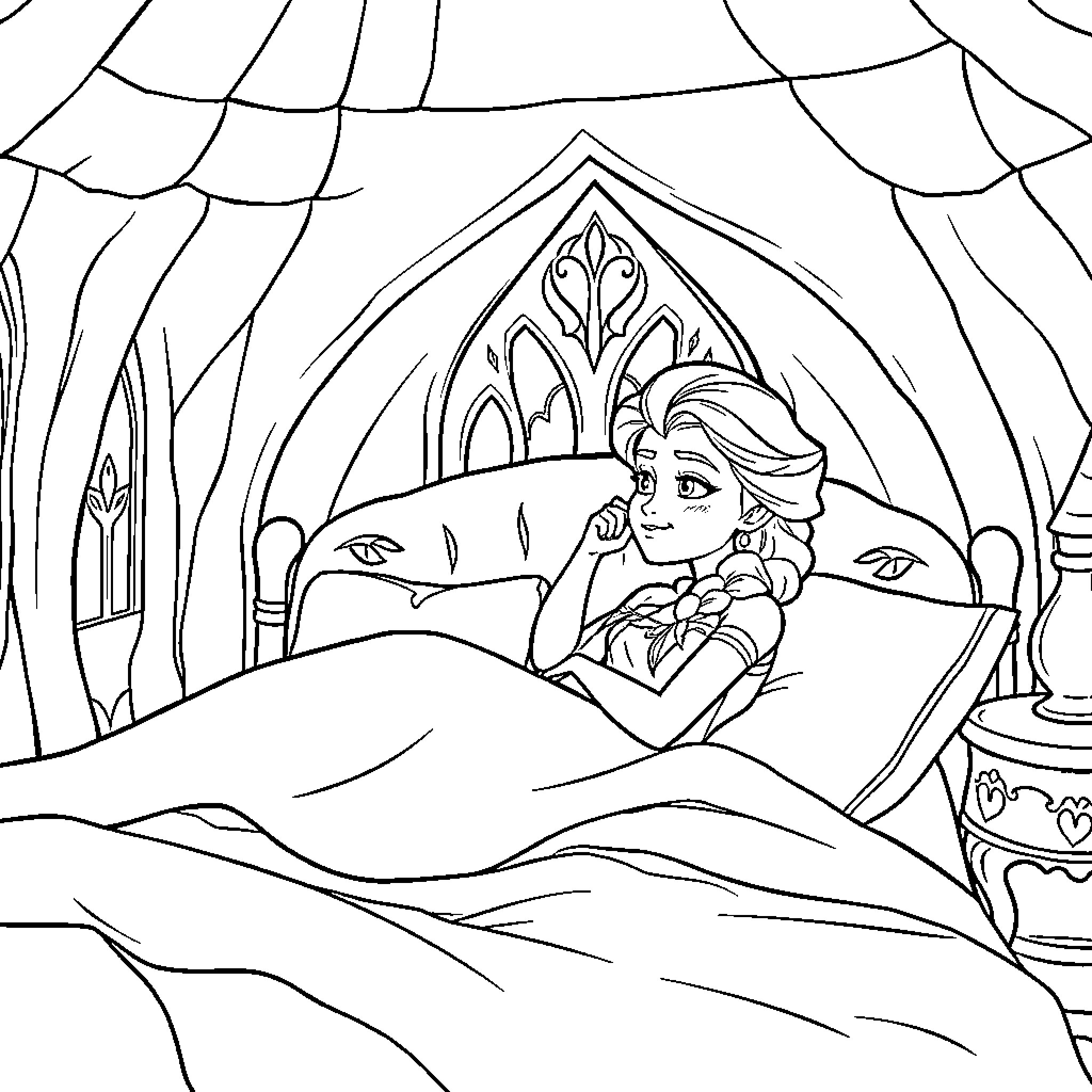 Elsa resting peacefully in her royal bedroom Coloring Page (free black-and-white line drawing printable PDF for all, from beginners to advanced learners, including children, teens, adults, and seniors)