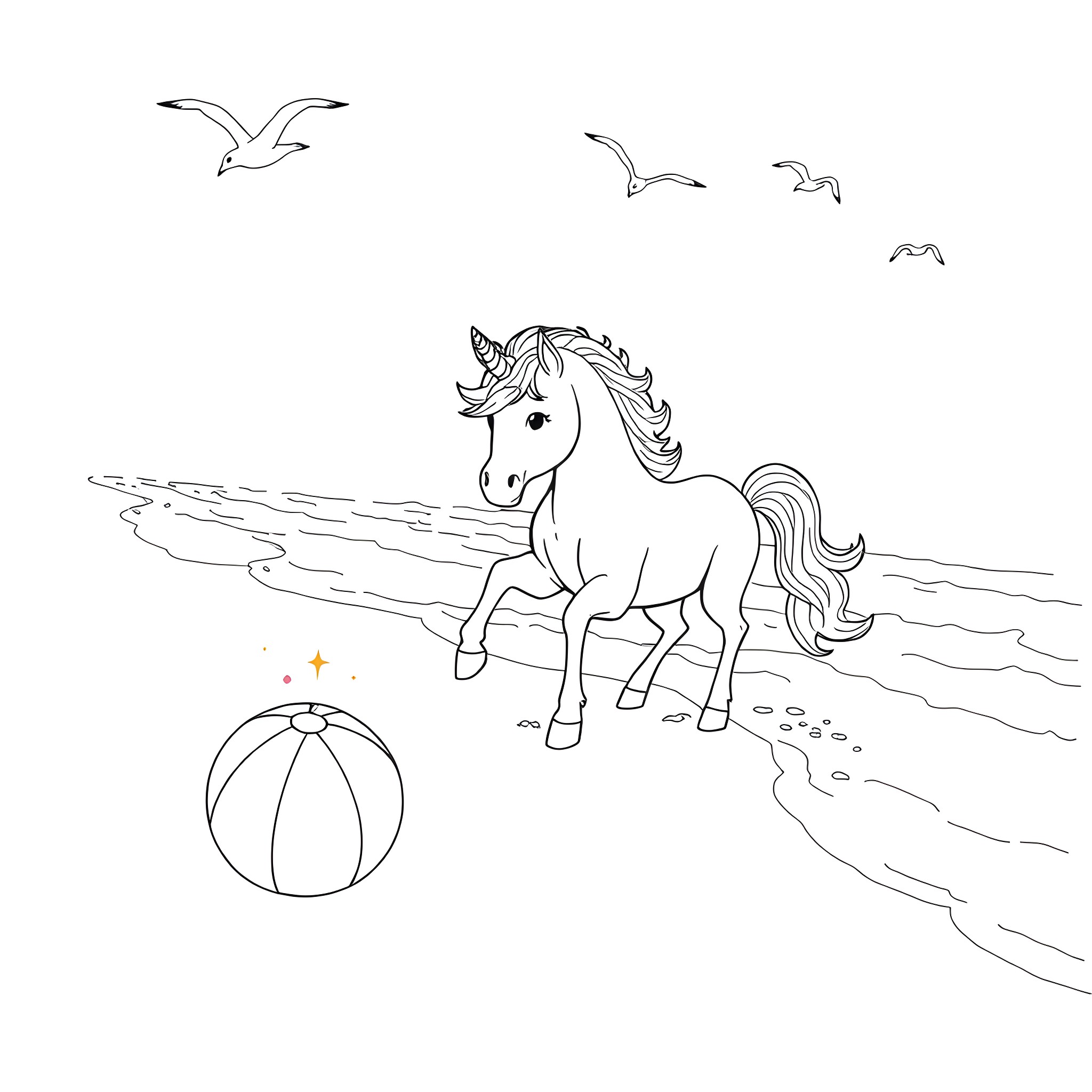 Unicorn strolling along the beach with seagulls Coloring Page (free black-and-white line drawing printable PDF for all, from beginners to advanced learners, including children, teens, adults, and seniors)