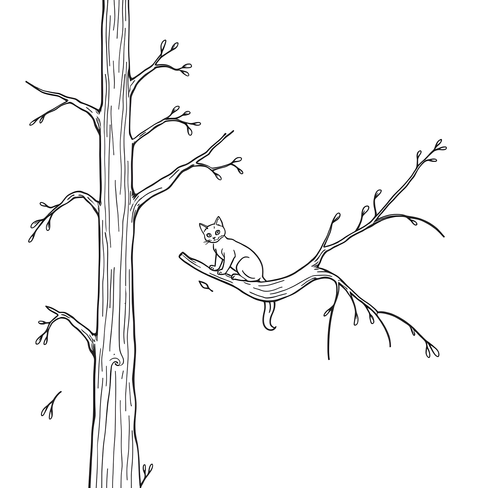 Cat resting on a tree branch Coloring Page (free black-and-white line drawing printable PDF for all, from beginners to advanced learners, including children, teens, adults, and seniors)