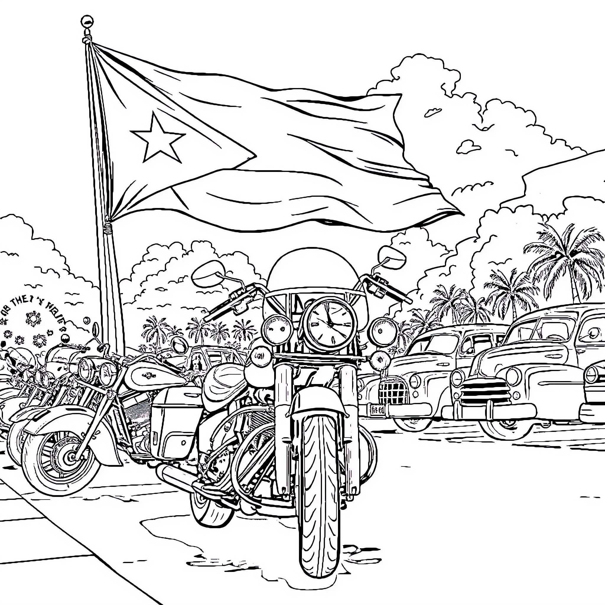 Motorcycle festival with waving national flag Coloring Page (free black-and-white line drawing printable PDF for all, from beginners to advanced learners, including children, teens, adults, and seniors)