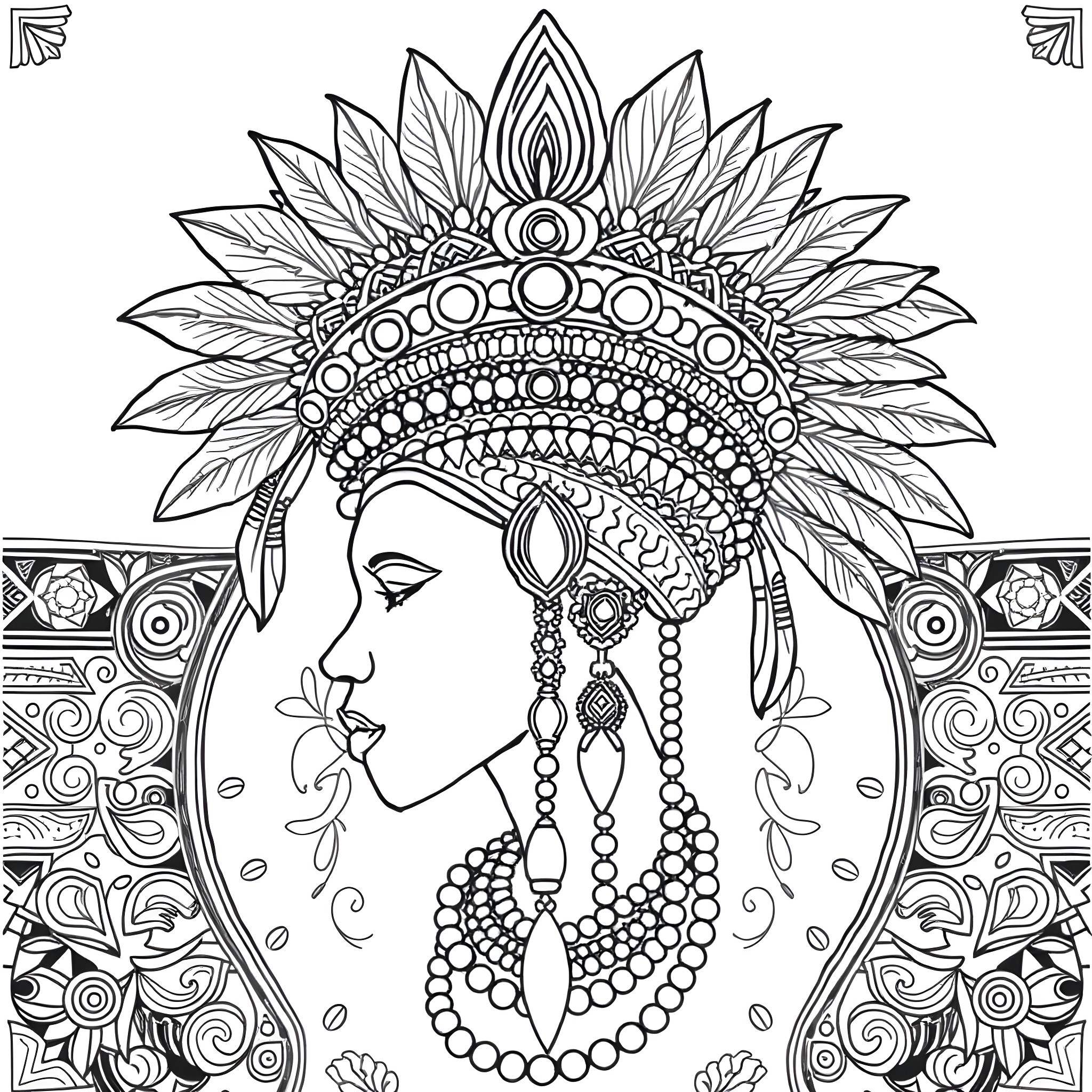 Headdress of an ornate tribal woman Coloring Page (free black-and-white line drawing printable PDF for all, from beginners to advanced learners, including children, teens, adults, and seniors)