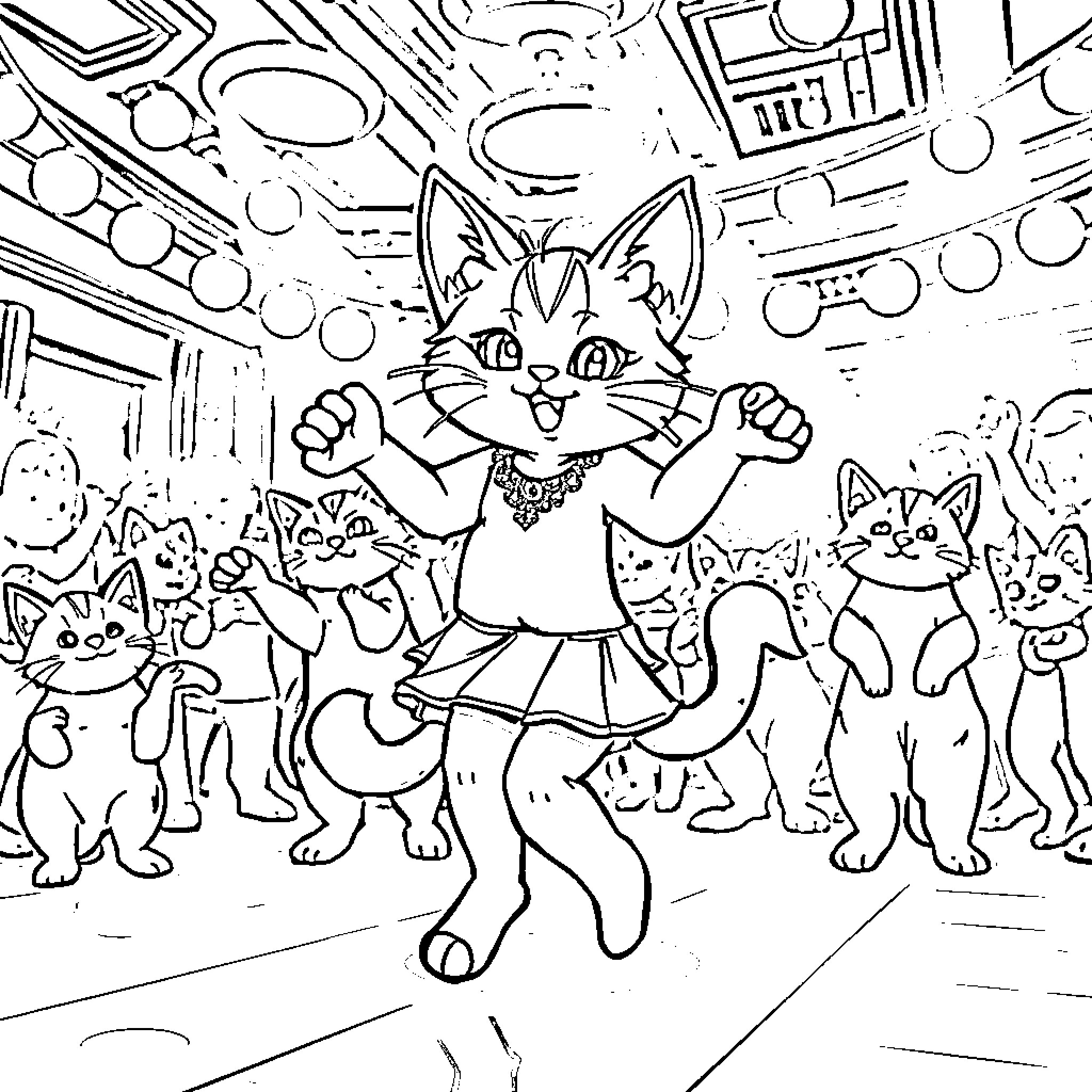 Kuromi's Mischievous Gathering with Feline Friends Coloring Page (free black-and-white line drawing printable PDF for all, from beginners to advanced learners, including children, teens, adults, and seniors)