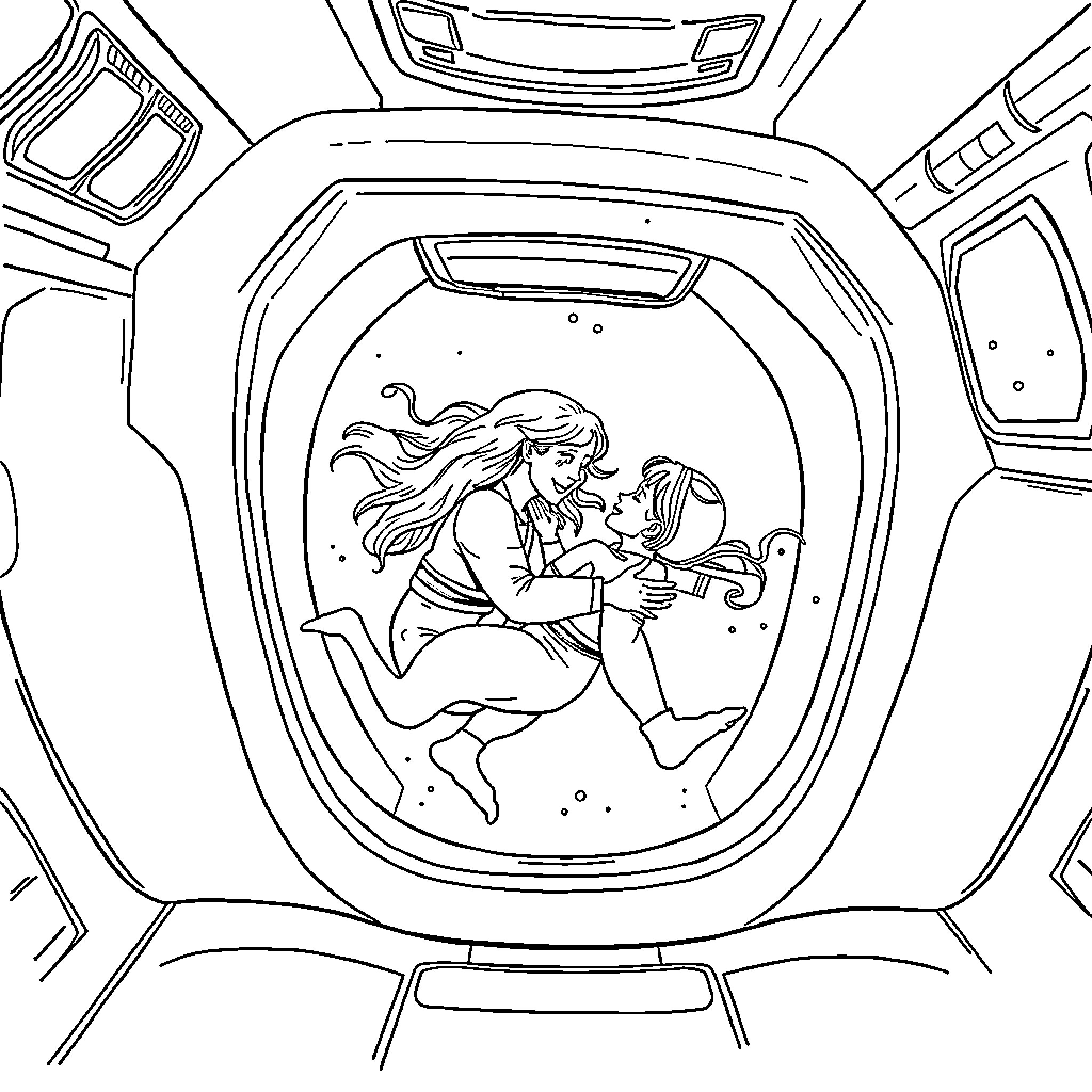 Couple Exploring the Cosmos Together Coloring Page (free black-and-white line drawing printable PDF for all, from beginners to advanced learners, including children, teens, adults, and seniors)