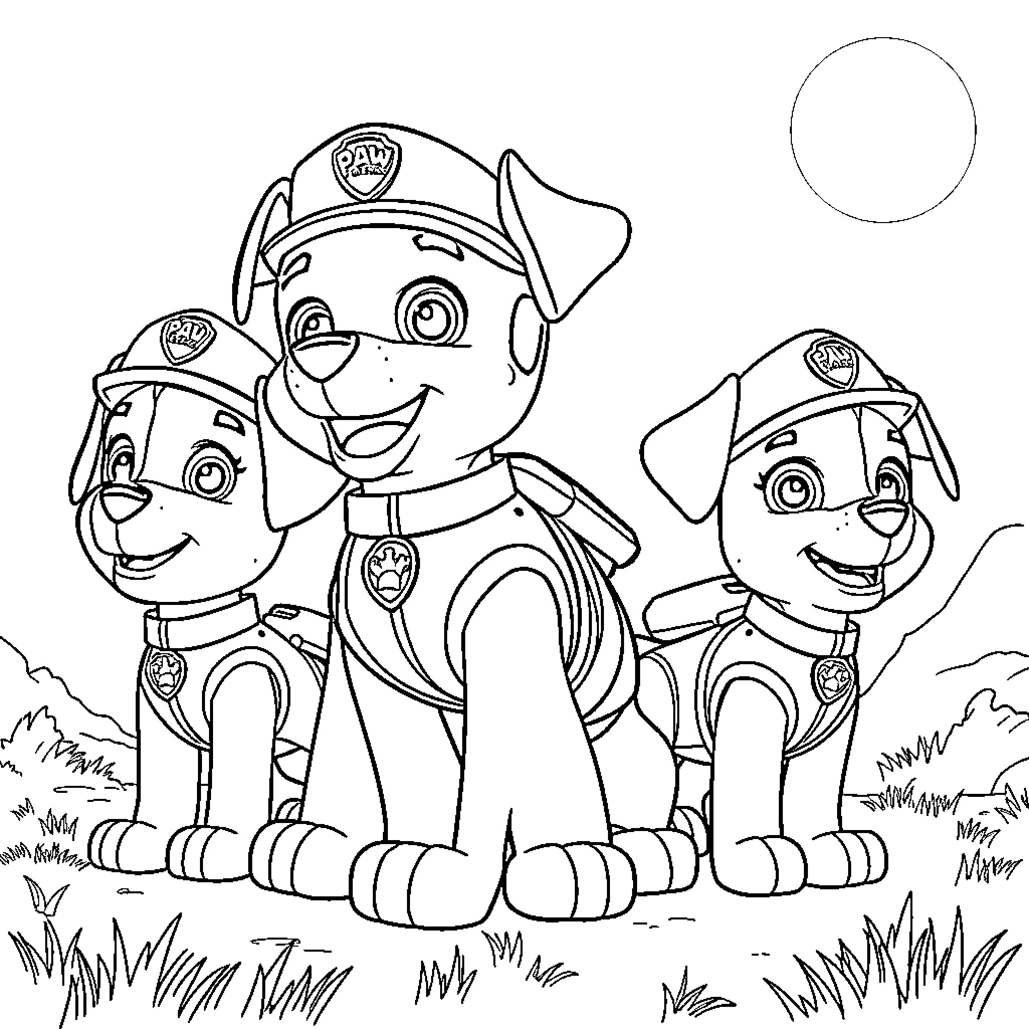 Paw Patrol pups on patrol in the field Coloring Page (free black-and-white line drawing printable PDF for all, from beginners to advanced learners, including children, teens, adults, and seniors)