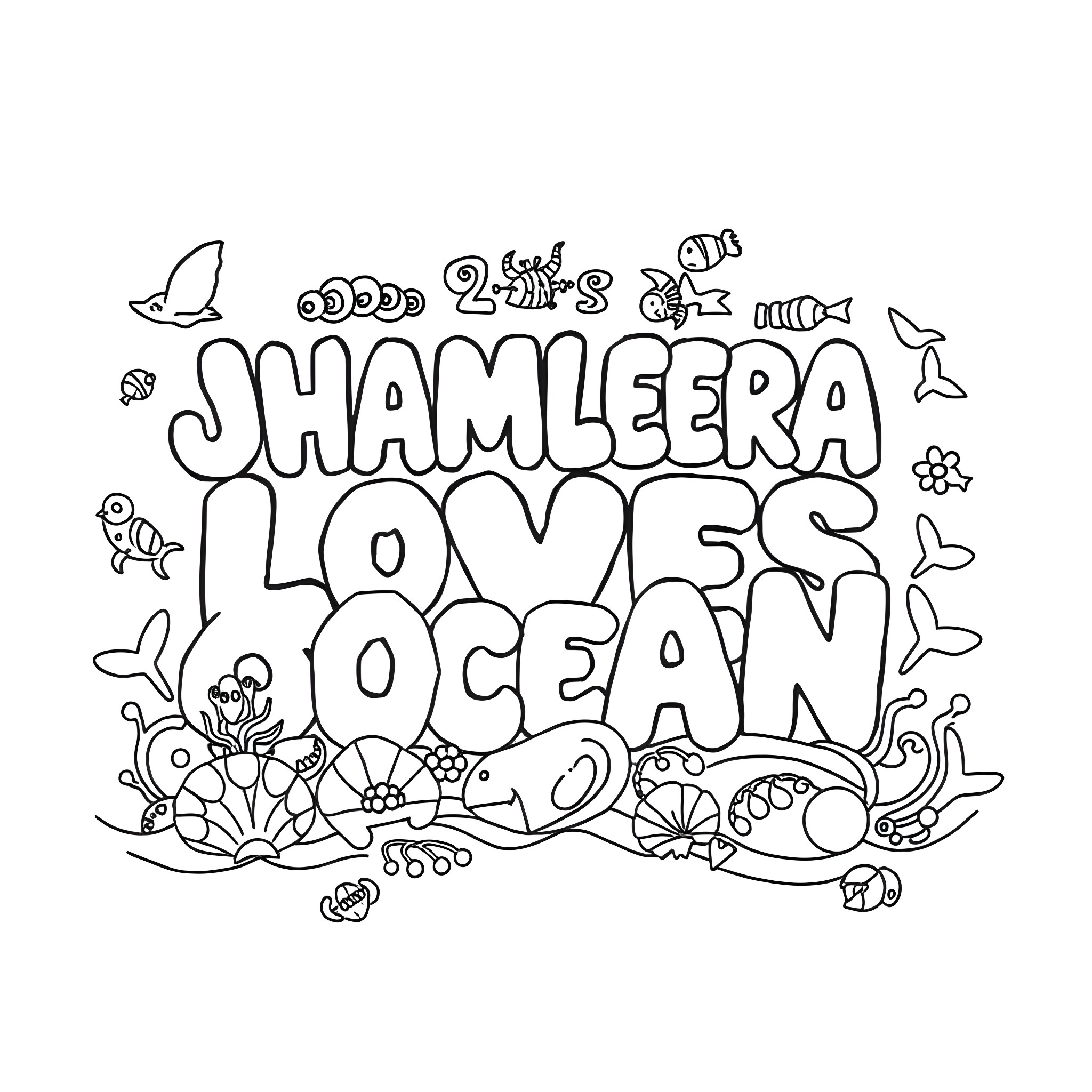 Jameera's Oceanic Love Coloring Page (free black-and-white line drawing printable PDF for all, from beginners to advanced learners, including children, teens, adults, and seniors)