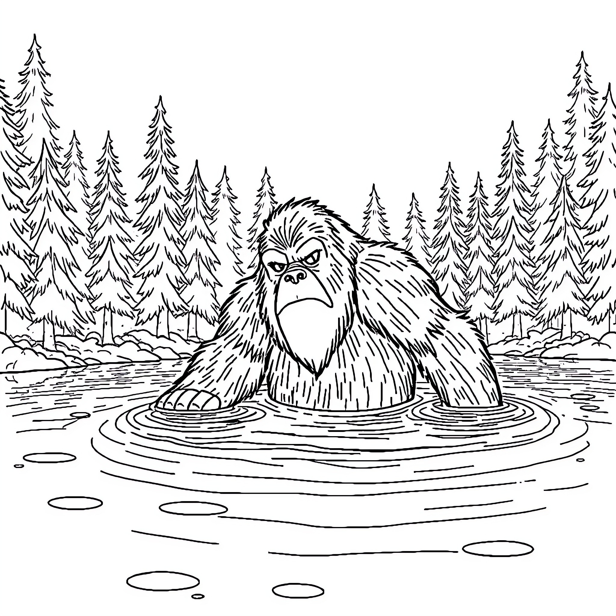 Bigfoot wading in forest lake Coloring Page (free black-and-white line drawing printable PDF for all, from beginners to advanced learners, including children, teens, adults, and seniors)