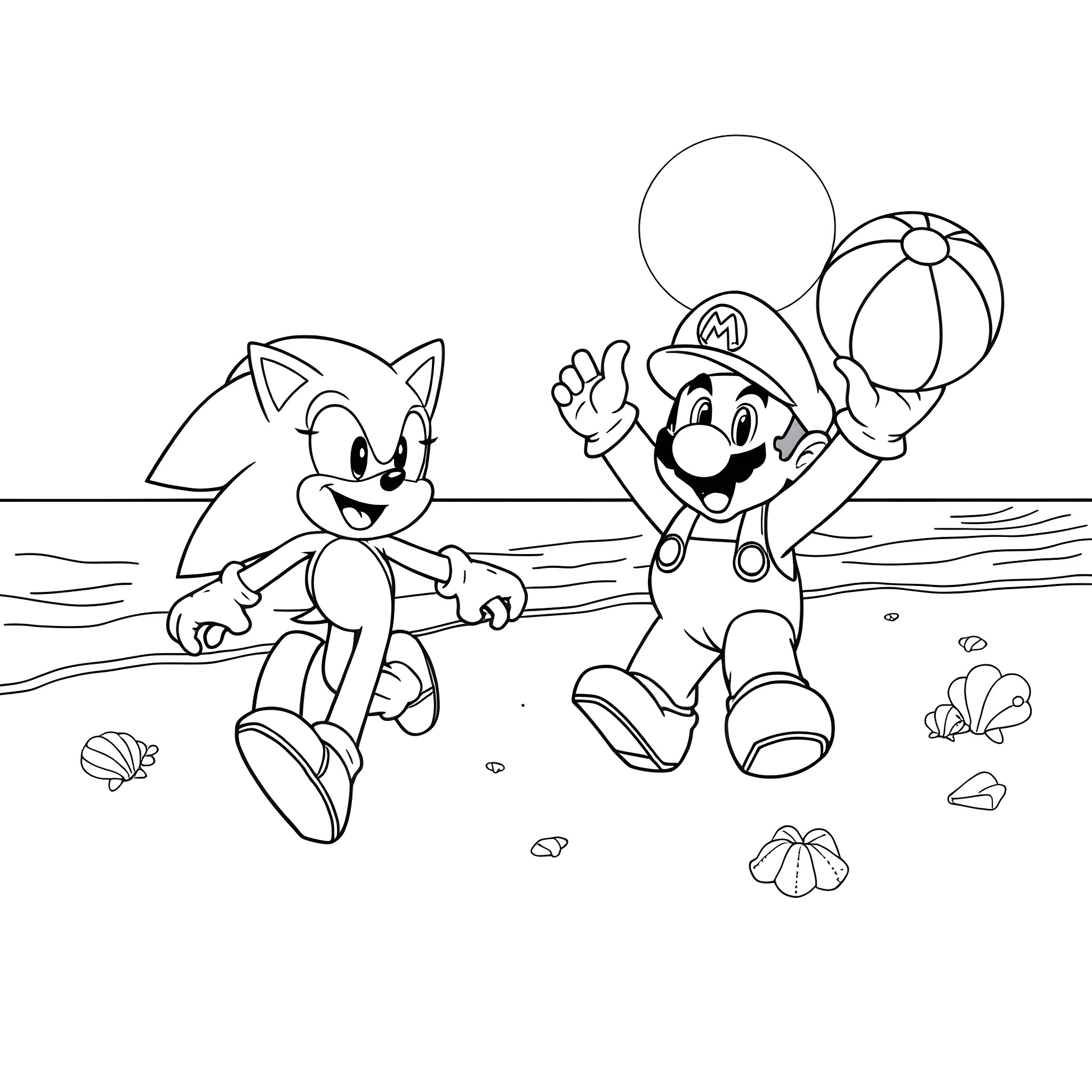 Sonic and Mario playing on the beach Coloring Page (free black-and-white line drawing printable PDF for all, from beginners to advanced learners, including children, teens, adults, and seniors)
