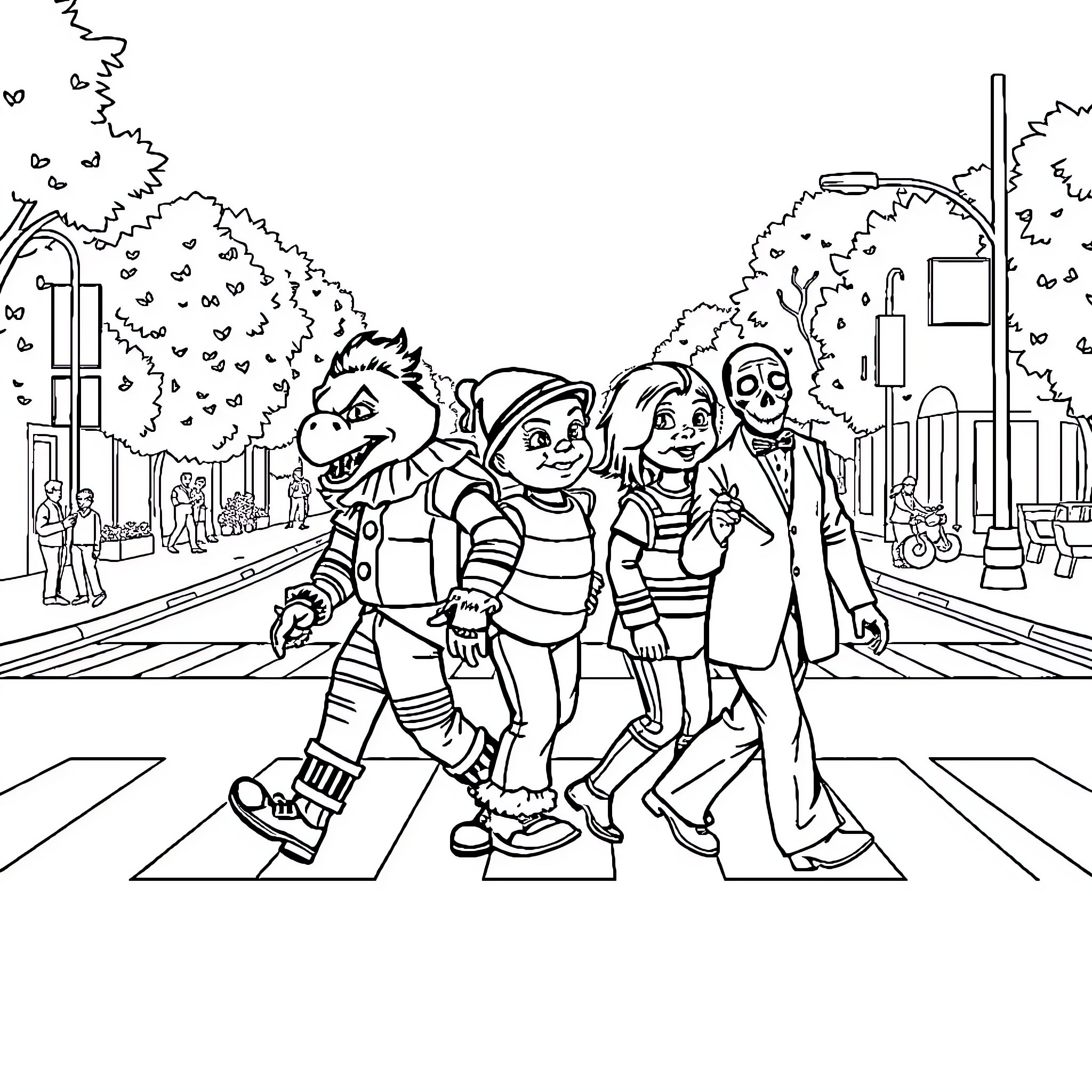 Pennywise and Friends Crossing the City Street Coloring Page (free black-and-white line drawing printable PDF for all, from beginners to advanced learners, including children, teens, adults, and seniors)