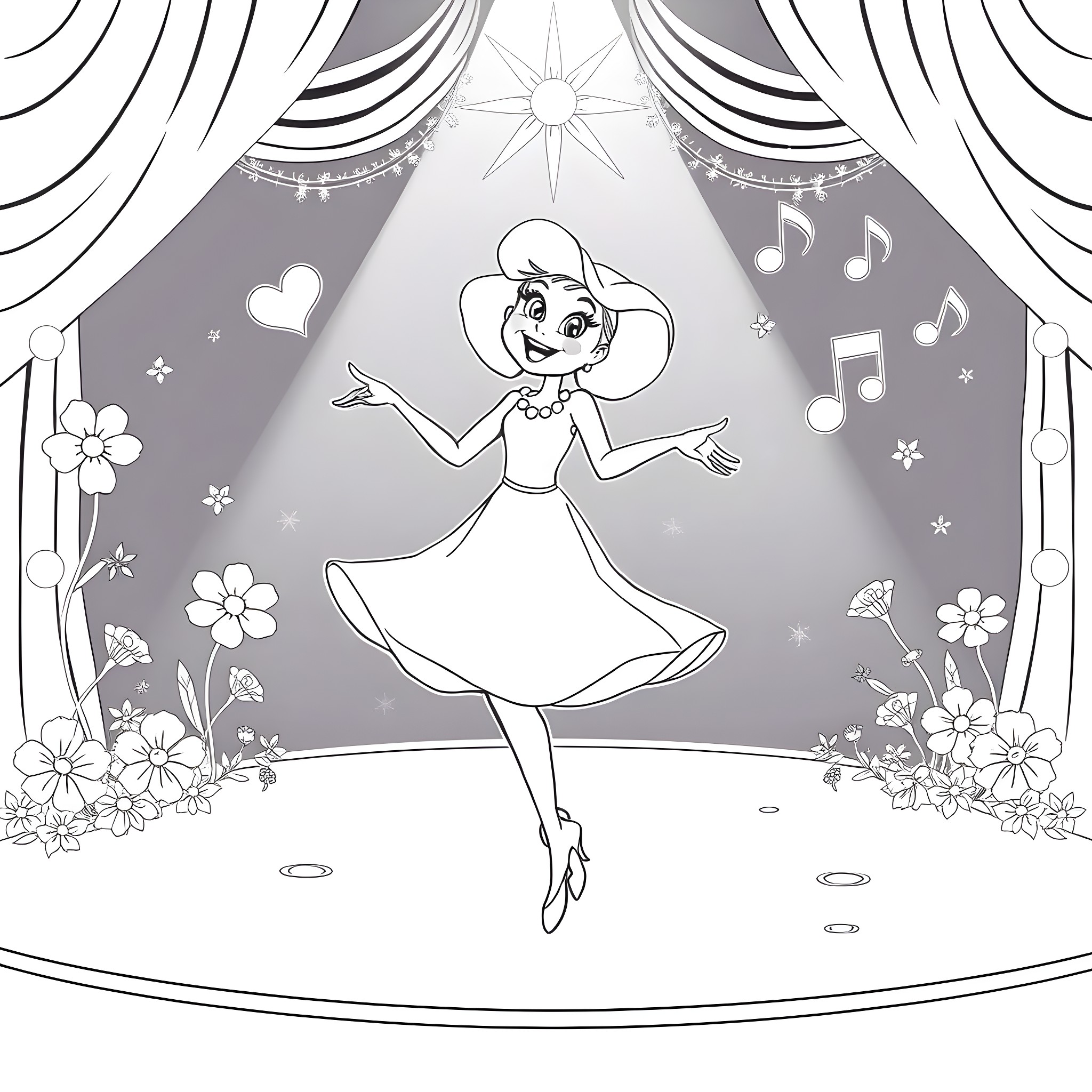 Poppy dancing joyfully on stage with flowers Coloring Page (free black-and-white line drawing printable PDF for all, from beginners to advanced learners, including children, teens, adults, and seniors)