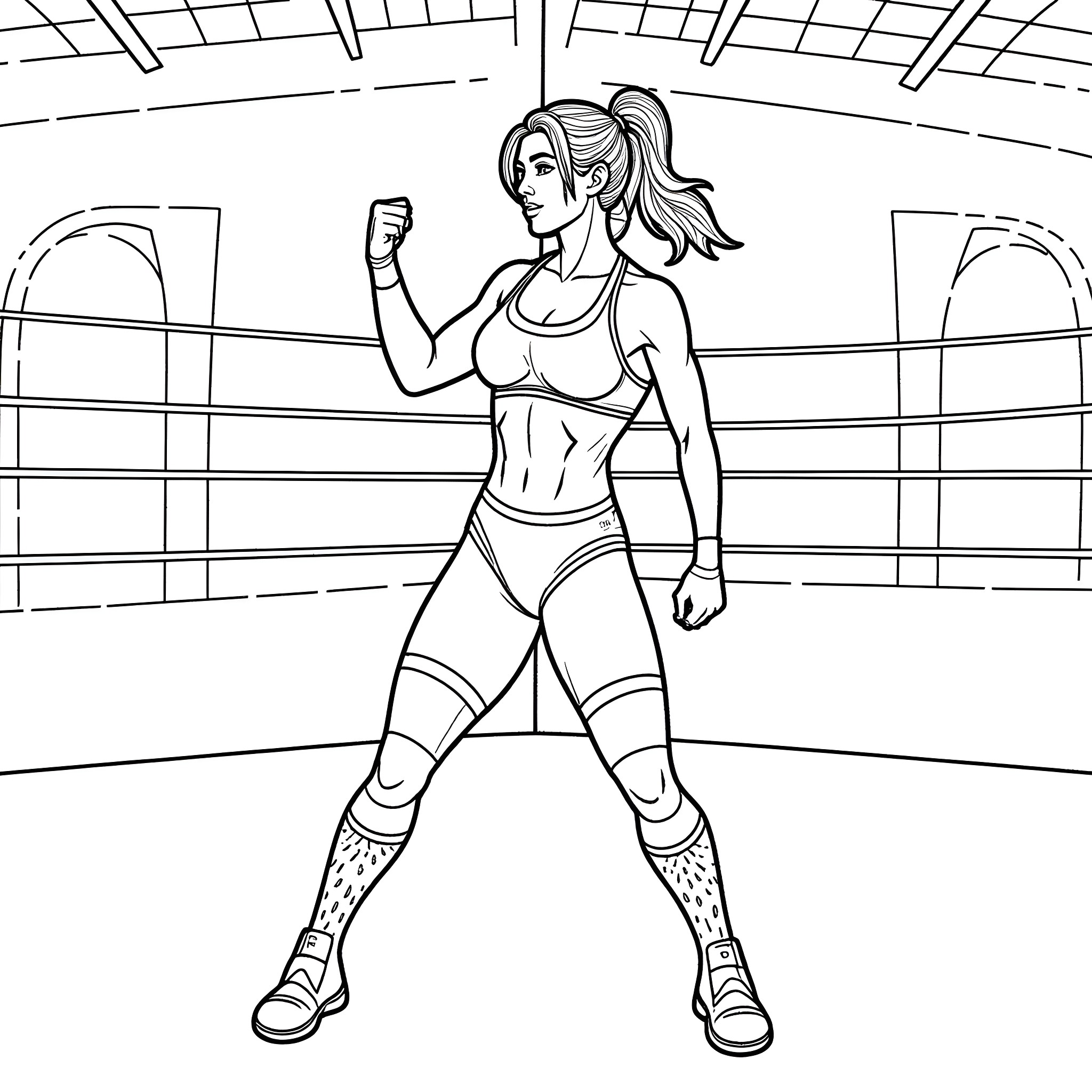 Wrestler in action stance in the boxing ring Coloring Page (free black-and-white line drawing printable PDF for all, from beginners to advanced learners, including children, teens, adults, and seniors)