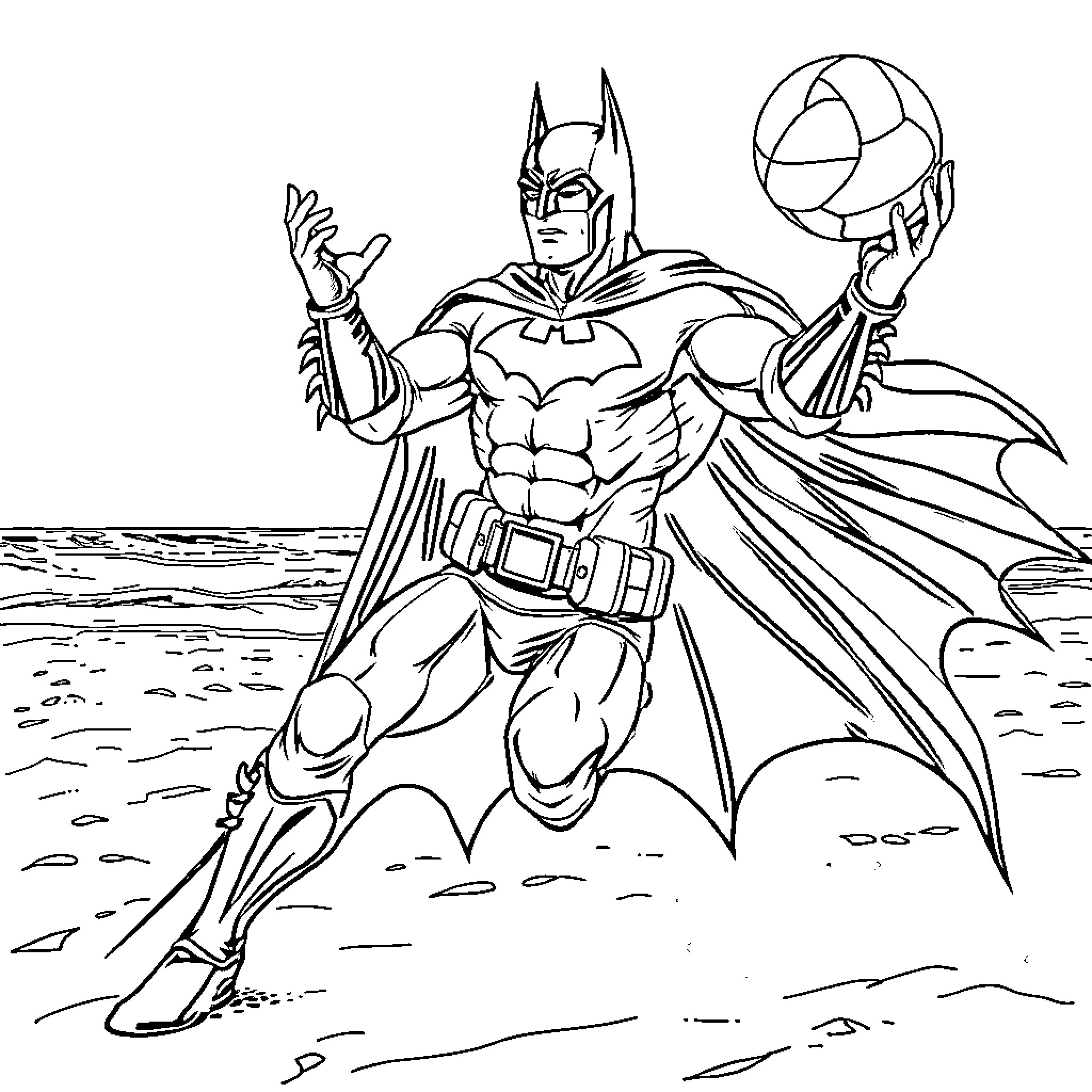 Batman Heroic Pose with Sphere in the Beach Coloring Page (free black-and-white line drawing printable PDF for all, from beginners to advanced learners, including children, teens, adults, and seniors)
