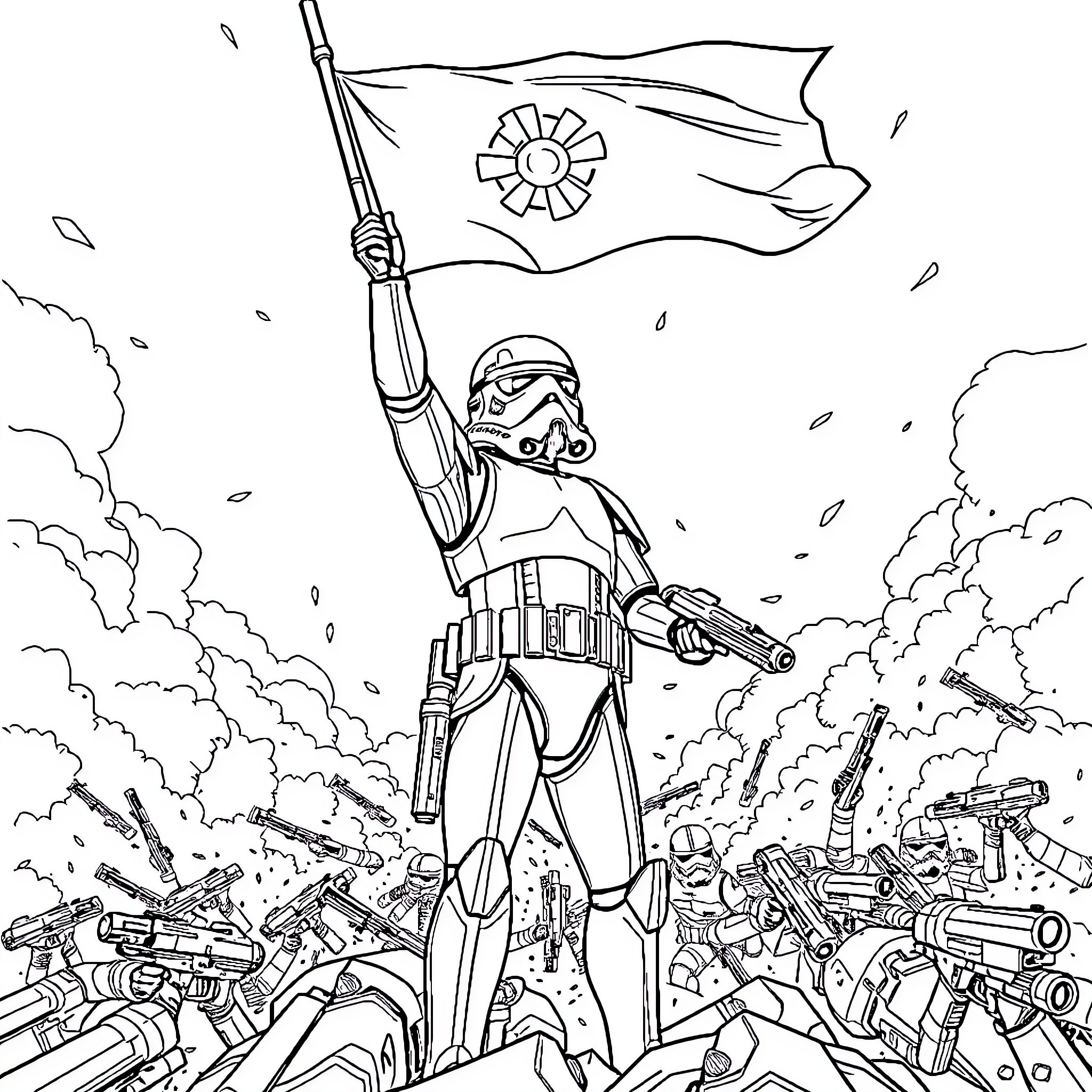 Stormtrooper leading the charge amidst chaos and destruction Coloring Page (free black-and-white line drawing printable PDF for all, from beginners to advanced learners, including children, teens, adults, and seniors)