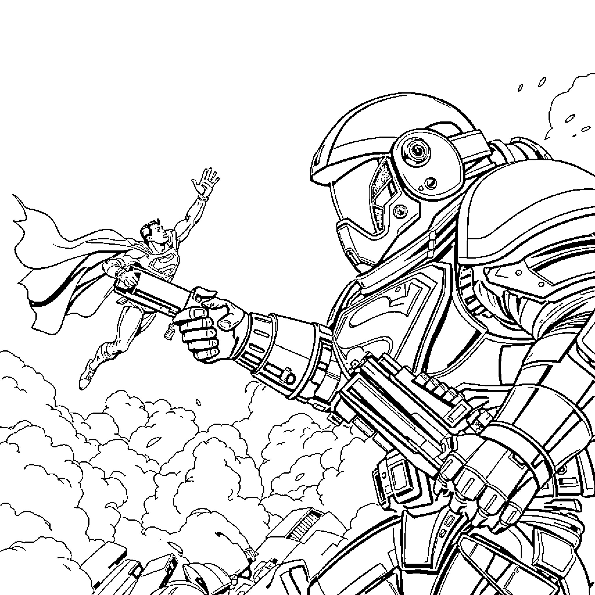 Space Marine heroically battles a towering robot Coloring Page (free black-and-white line drawing printable PDF for all, from beginners to advanced learners, including children, teens, adults, and seniors)