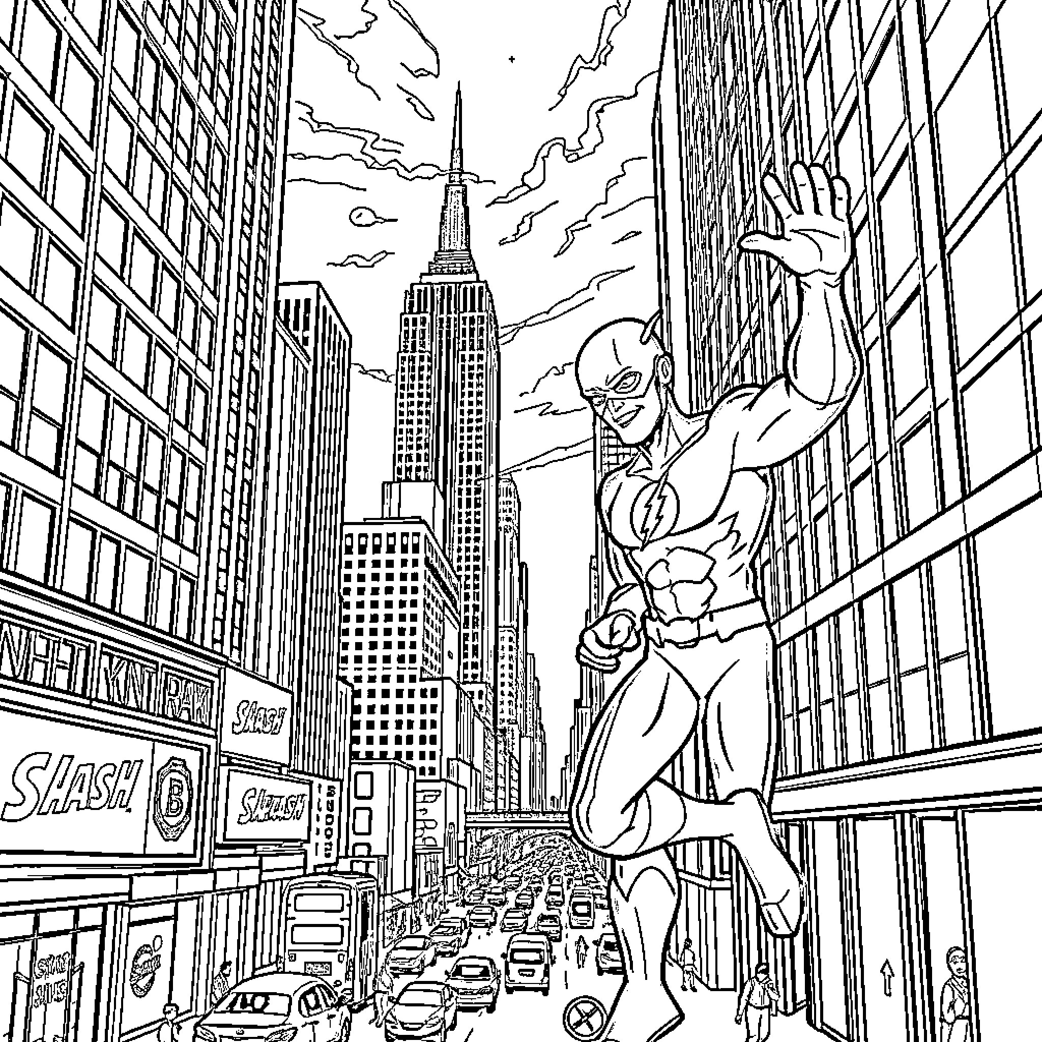 Flash Saves the City from Disaster Coloring Page (free black-and-white line drawing printable PDF for all, from beginners to advanced learners, including children, teens, adults, and seniors)