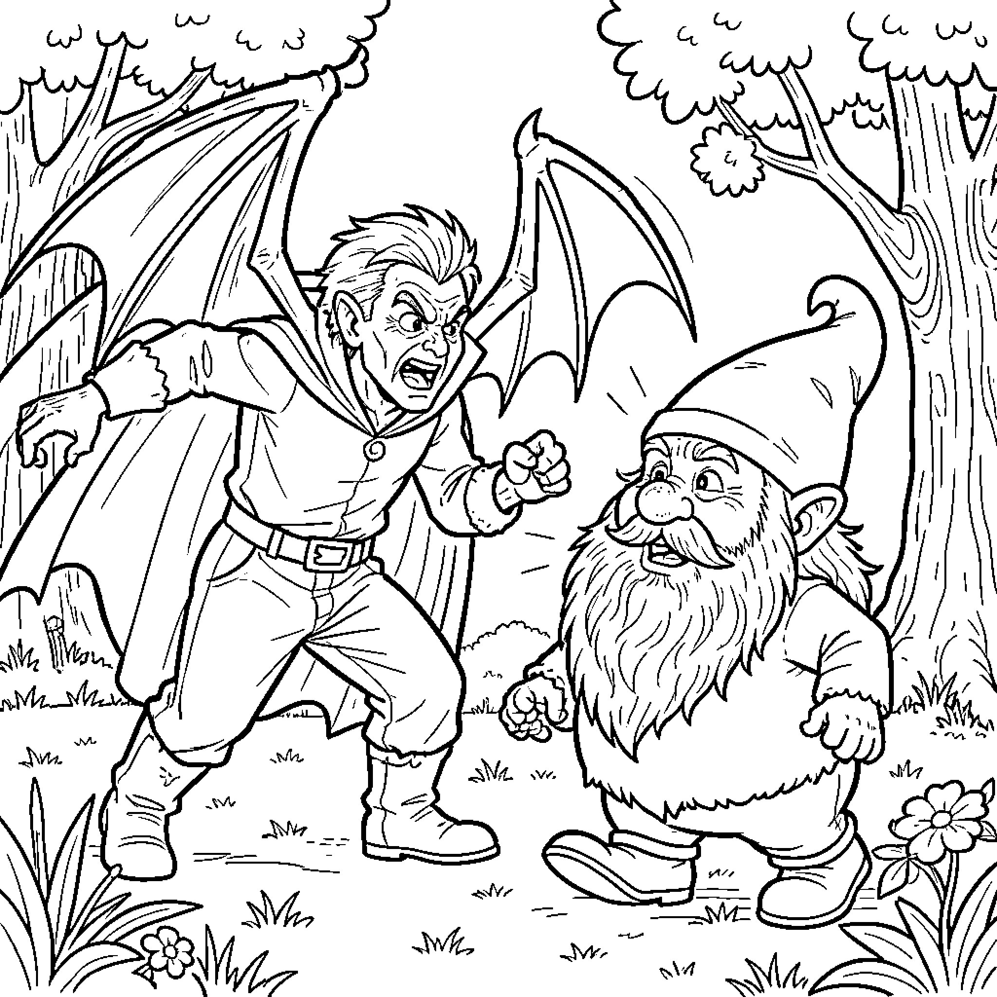 Vampire shouting angrily at a surprised garden gnome Coloring Page (free black-and-white line drawing printable PDF for all, from beginners to advanced learners, including children, teens, adults, and seniors)