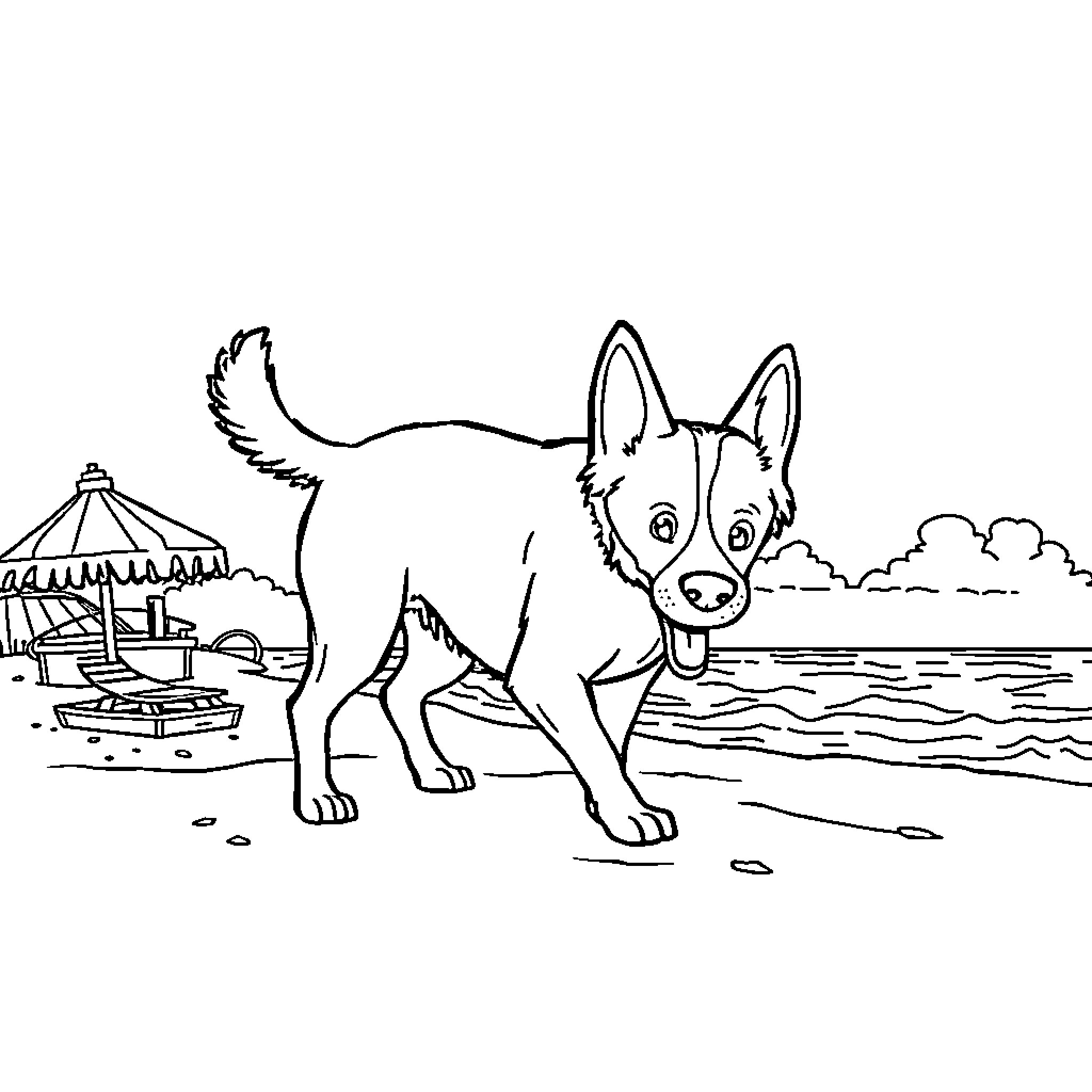 Bluey playing by the beach Coloring Page (free black-and-white line drawing printable PDF for all, from beginners to advanced learners, including children, teens, adults, and seniors)