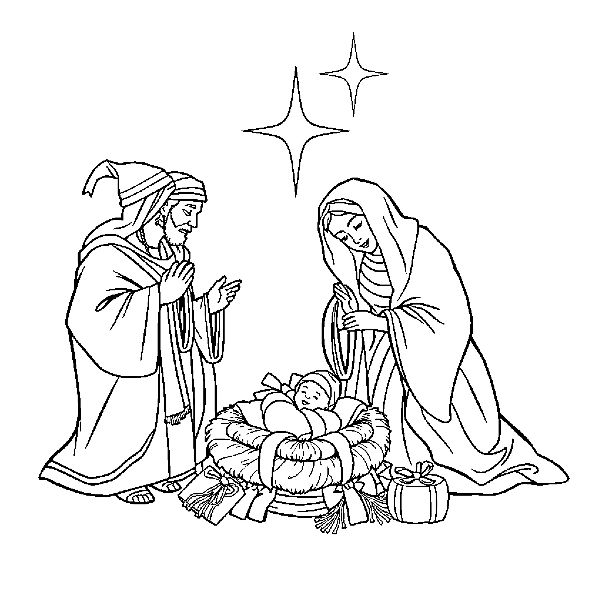 Gift of the Nativity Scene Coloring Page (free black-and-white line drawing printable PDF for all, from beginners to advanced learners, including children, teens, adults, and seniors)