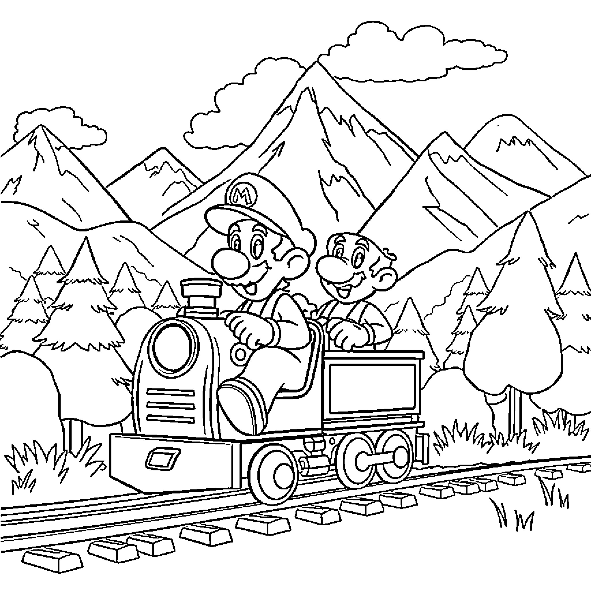 Mario and Luigi's Adventure on a Train in the Mountains Coloring Page (free black-and-white line drawing printable PDF for all, from beginners to advanced learners, including children, teens, adults, and seniors)