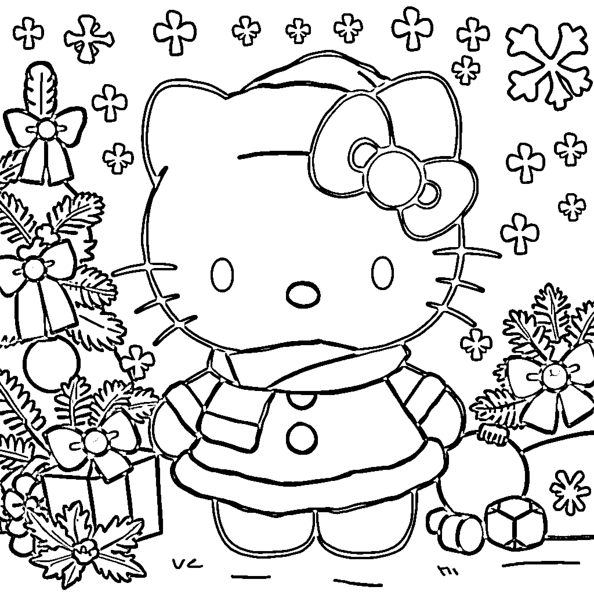Hello Kitty enjoying nature with flowers Coloring Page (free black-and-white line drawing printable PDF for all, from beginners to advanced learners, including children, teens, adults, and seniors)