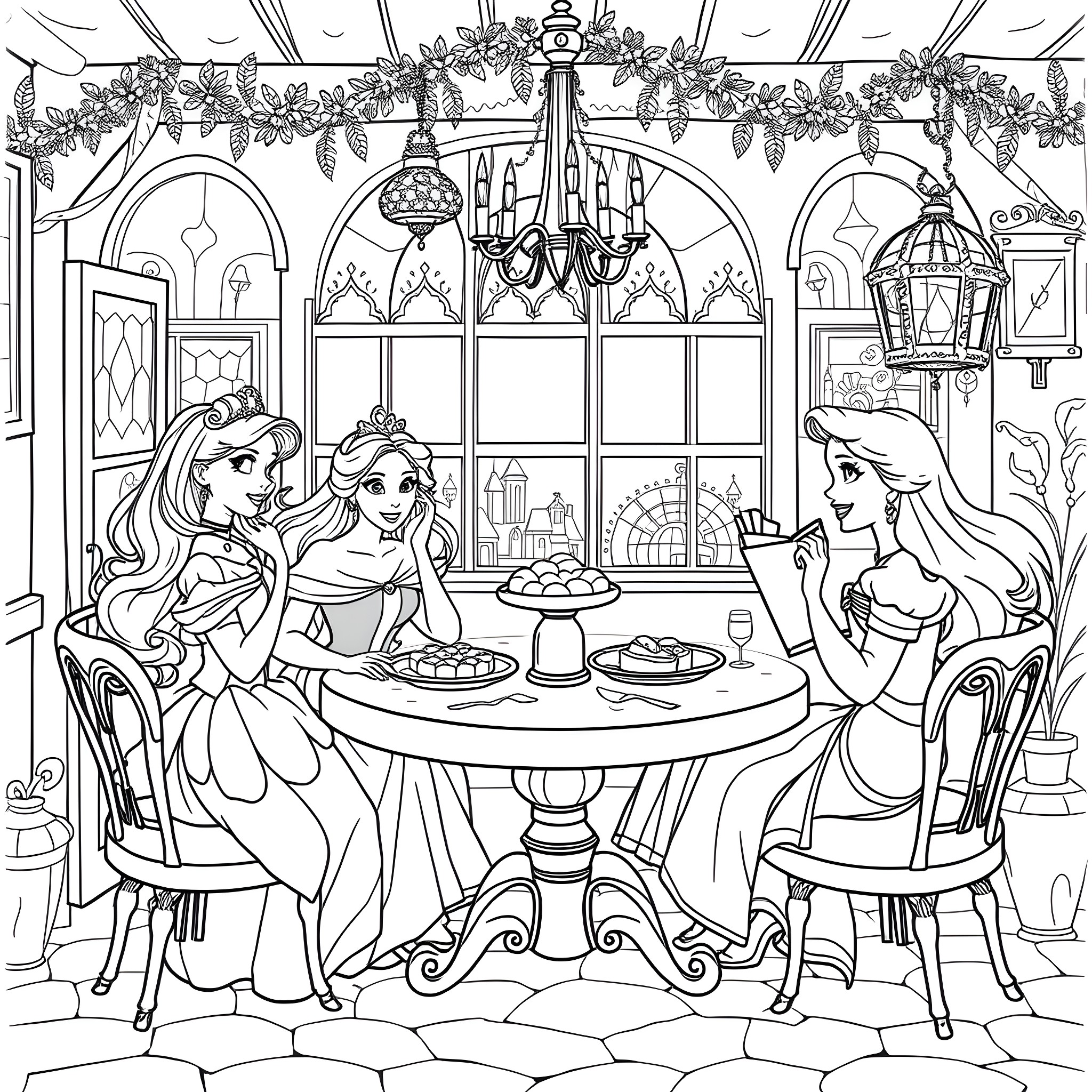 Disney Princess Tea Party with Elegant Decor Coloring Page (free black-and-white line drawing printable PDF for all, from beginners to advanced learners, including children, teens, adults, and seniors)