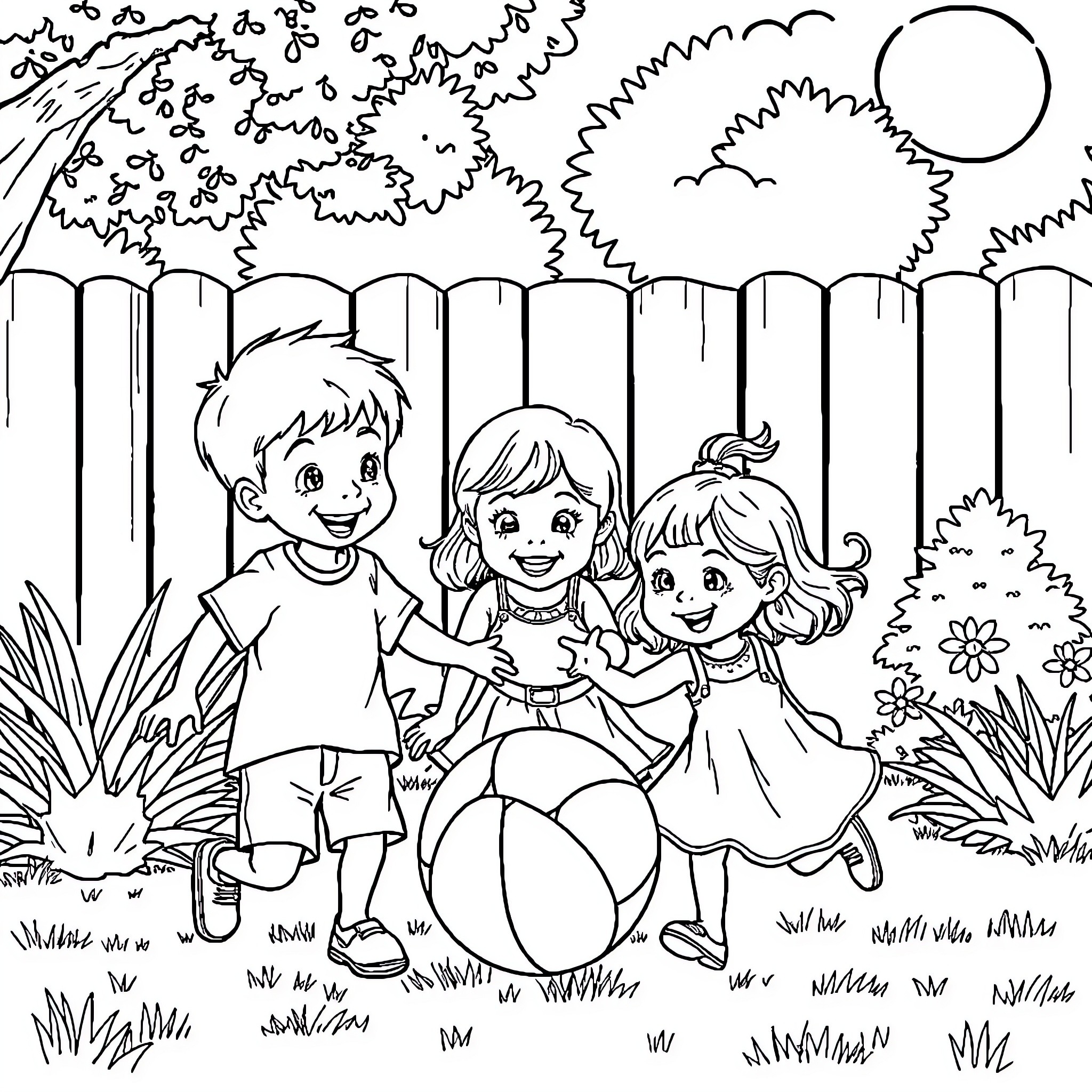 Child Friends Playing Together Outdoors Coloring Page (free black-and-white line drawing printable PDF for all, from beginners to advanced learners, including children, teens, adults, and seniors)