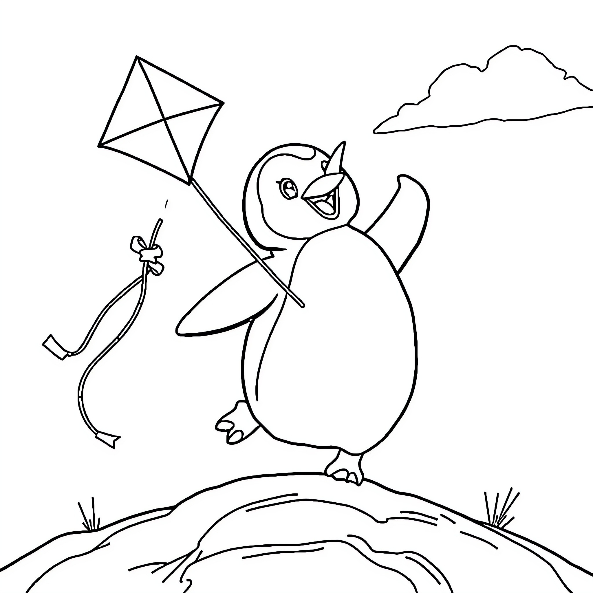 Penguin flying a kite in the landscape Coloring Page (free black-and-white line drawing printable PDF for all, from beginners to advanced learners, including children, teens, adults, and seniors)