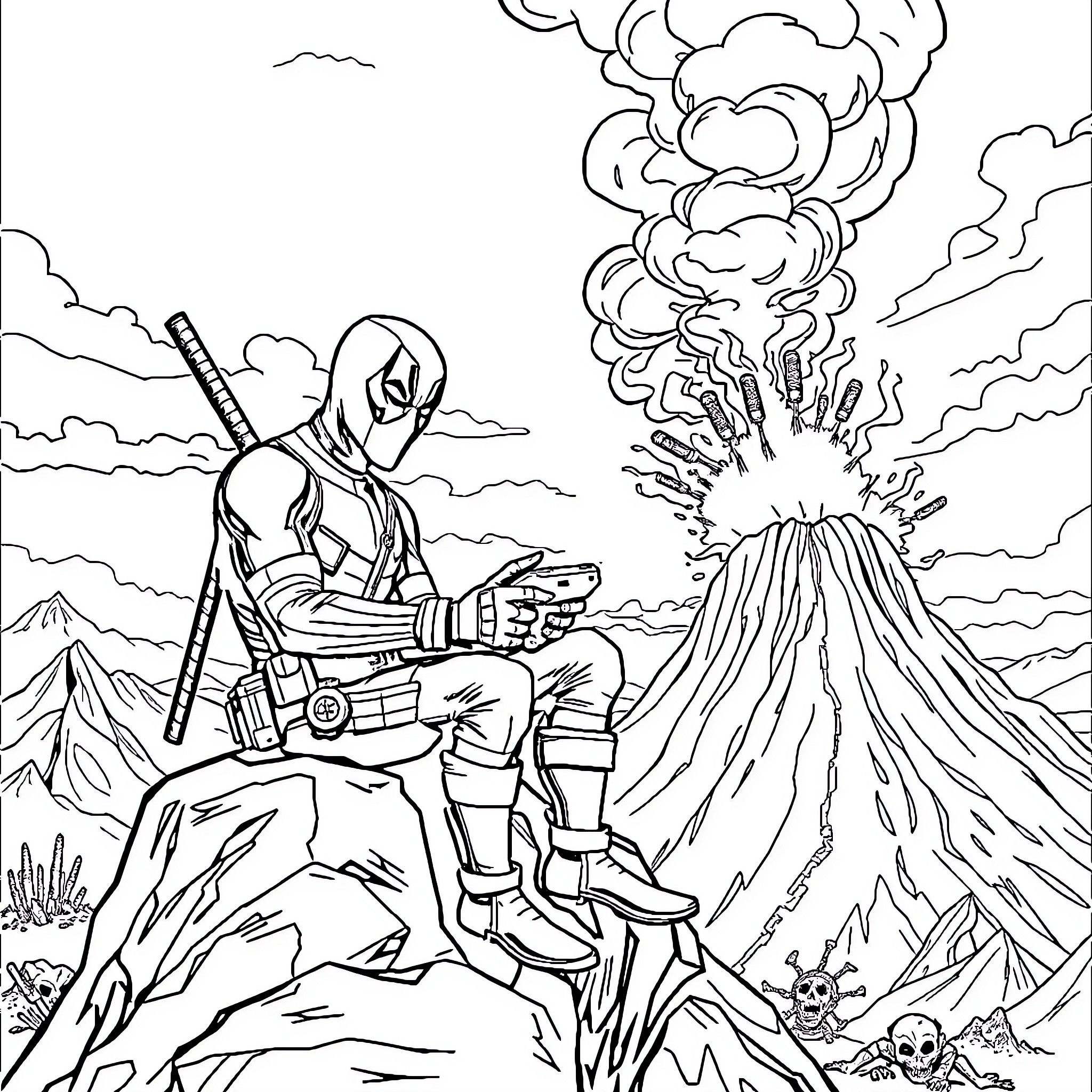 Deadpool facing explosive volcanoes and skulls in action Coloring Page (free black-and-white line drawing printable PDF for all, from beginners to advanced learners, including children, teens, adults, and seniors)
