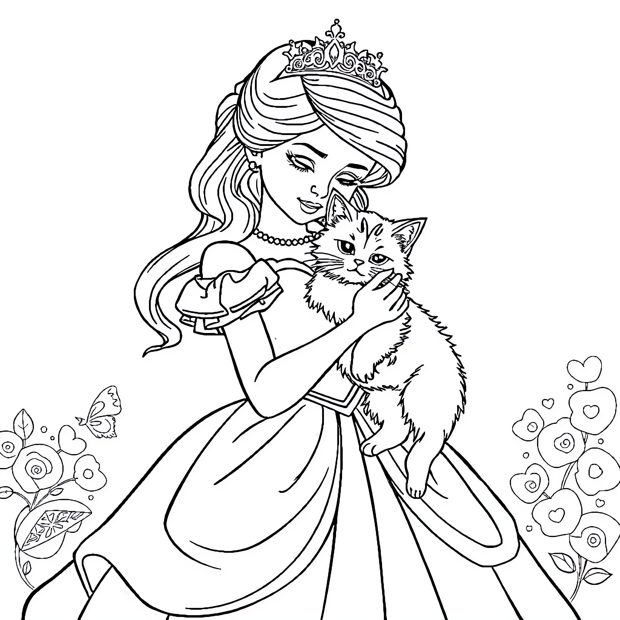 Princess with her Loyal Feline Companion Coloring Page (free black-and-white line drawing printable PDF for all, from beginners to advanced learners, including children, teens, adults, and seniors)