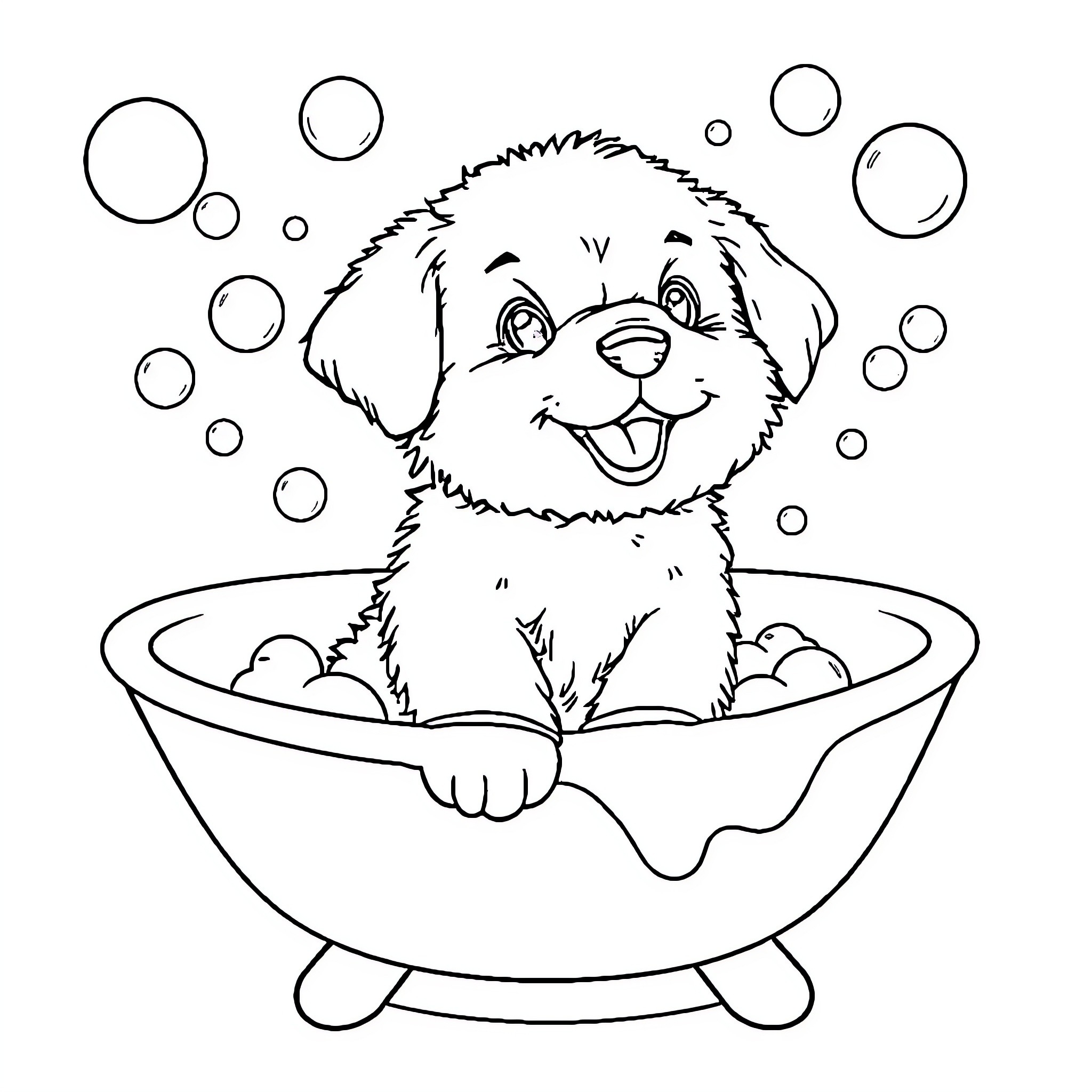 Puppy enjoying a bubble bath Coloring Page (free black-and-white line drawing printable PDF for all, from beginners to advanced learners, including children, teens, adults, and seniors)