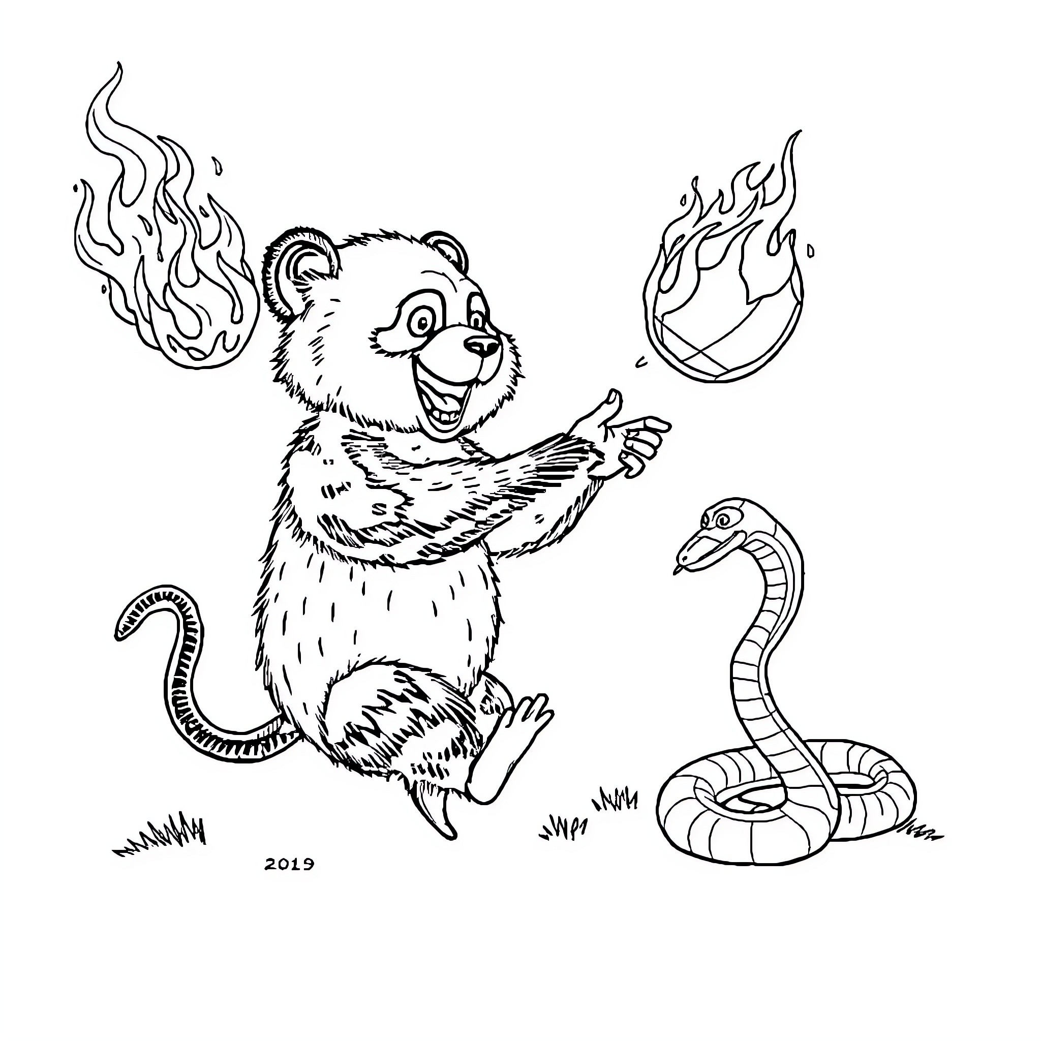 Panda playing with flaming ball and snake Coloring Page (free black-and-white line drawing printable PDF for all, from beginners to advanced learners, including children, teens, adults, and seniors)