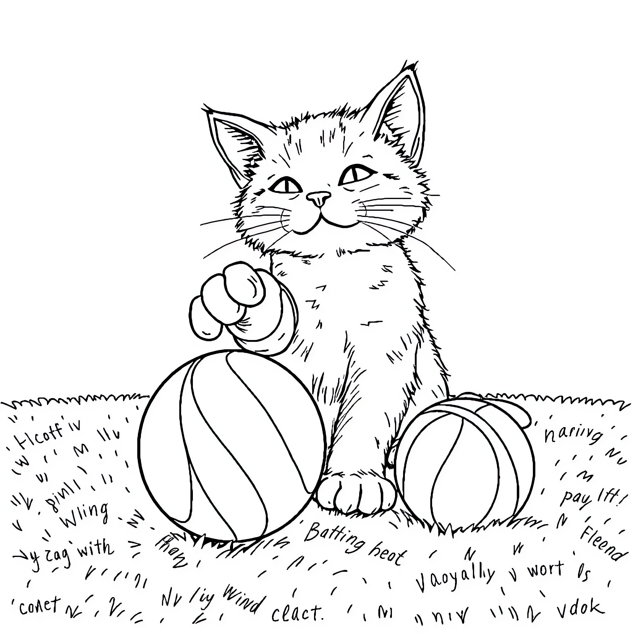 Cat playing joyfully with ball and toys Coloring Page (free black-and-white line drawing printable PDF for all, from beginners to advanced learners, including children, teens, adults, and seniors)