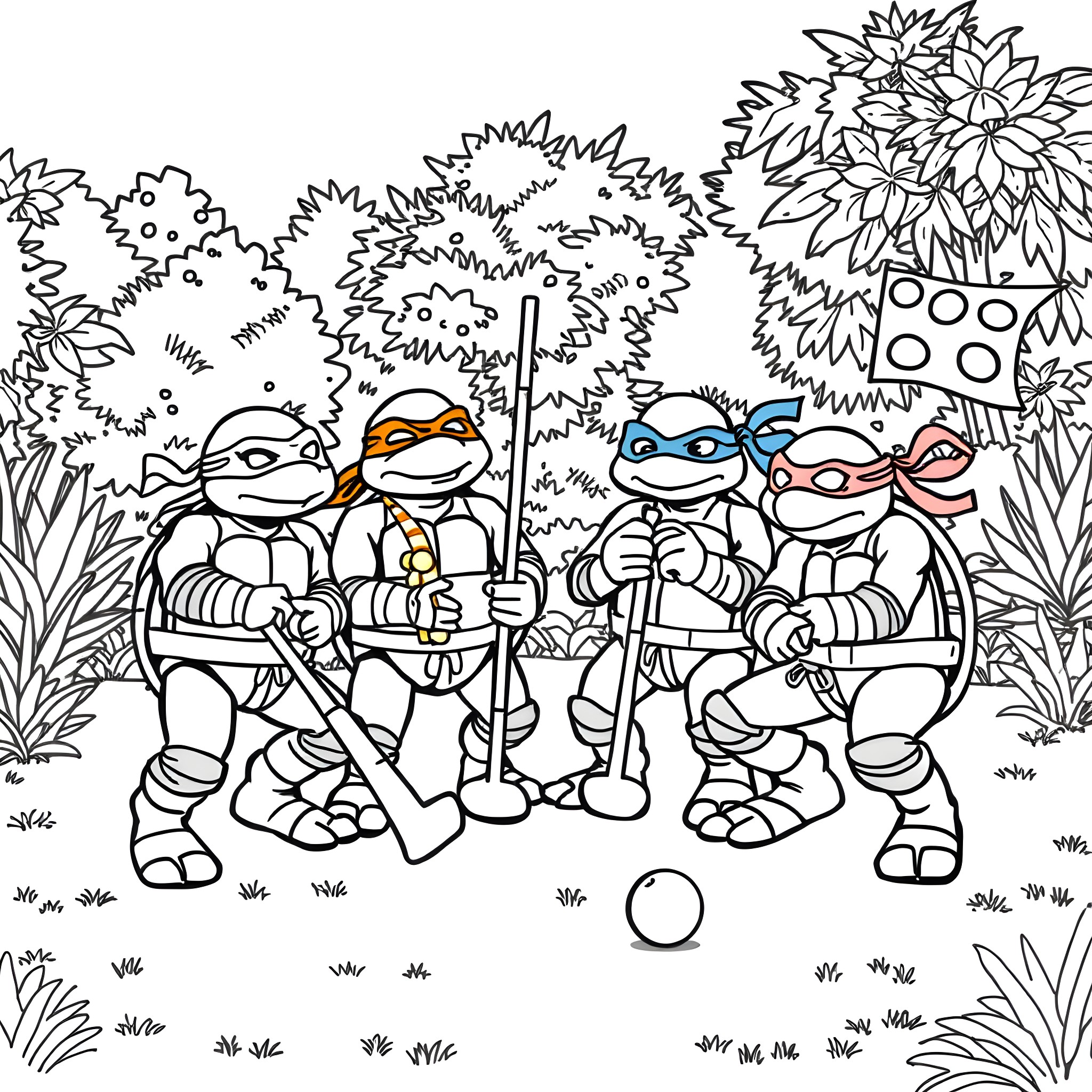Teenage Mutant Ninja Turtles playing in the park Coloring Page (free black-and-white line drawing printable PDF for all, from beginners to advanced learners, including children, teens, adults, and seniors)