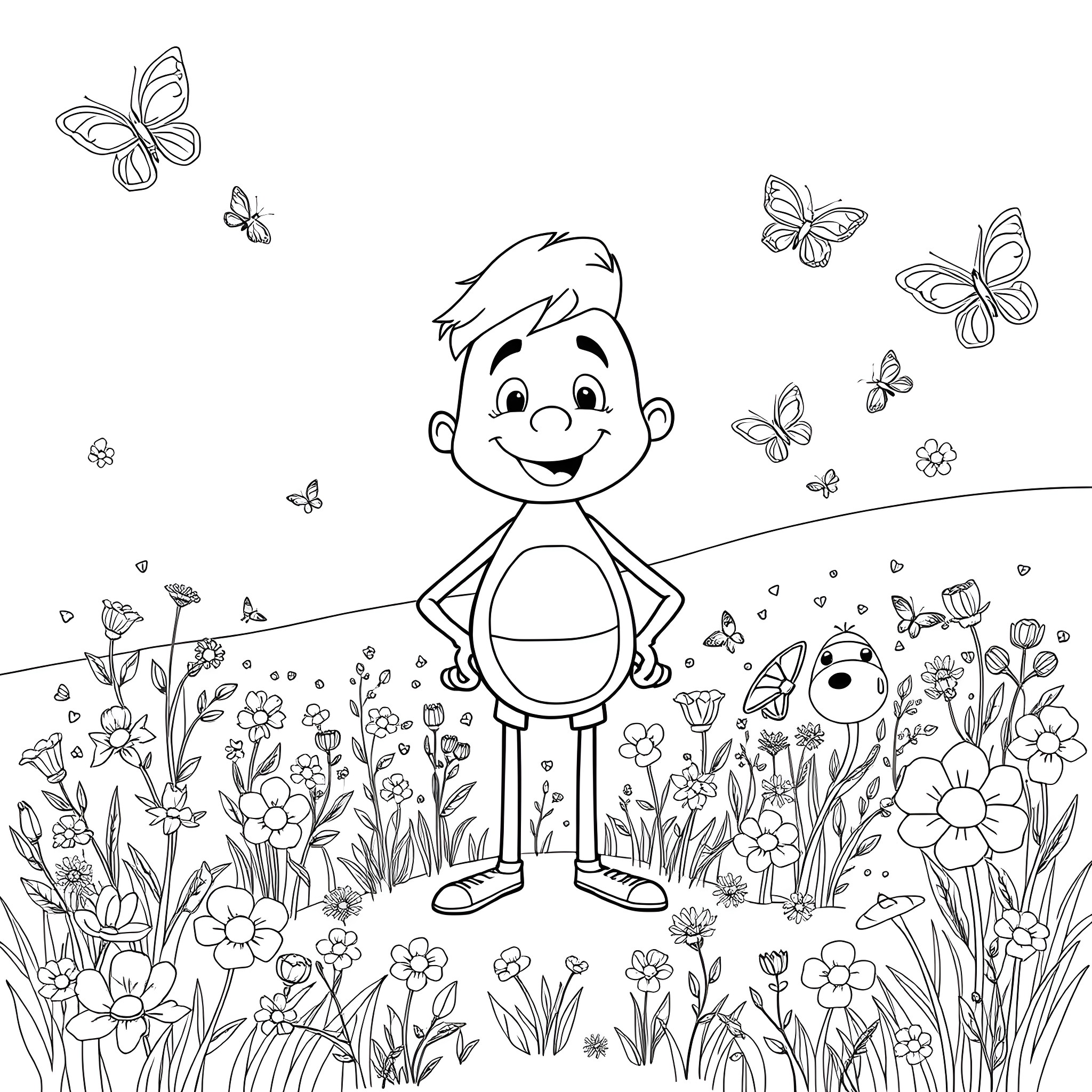 Assisting a happy boy in a flower garden Coloring Page (free black-and-white line drawing printable PDF for all, from beginners to advanced learners, including children, teens, adults, and seniors)