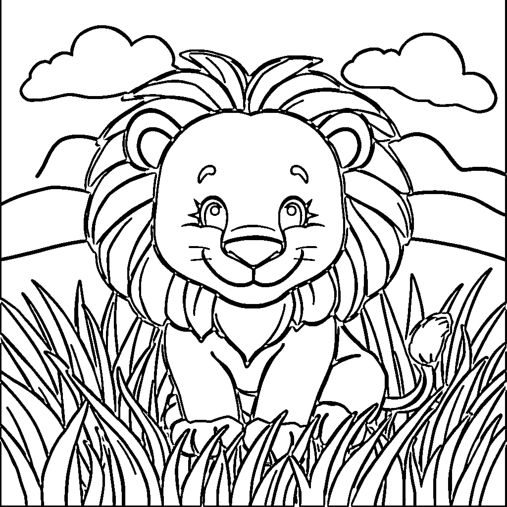 Lion enjoying the serene landscape Coloring Page (free black-and-white line drawing printable PDF for all, from beginners to advanced learners, including children, teens, adults, and seniors)