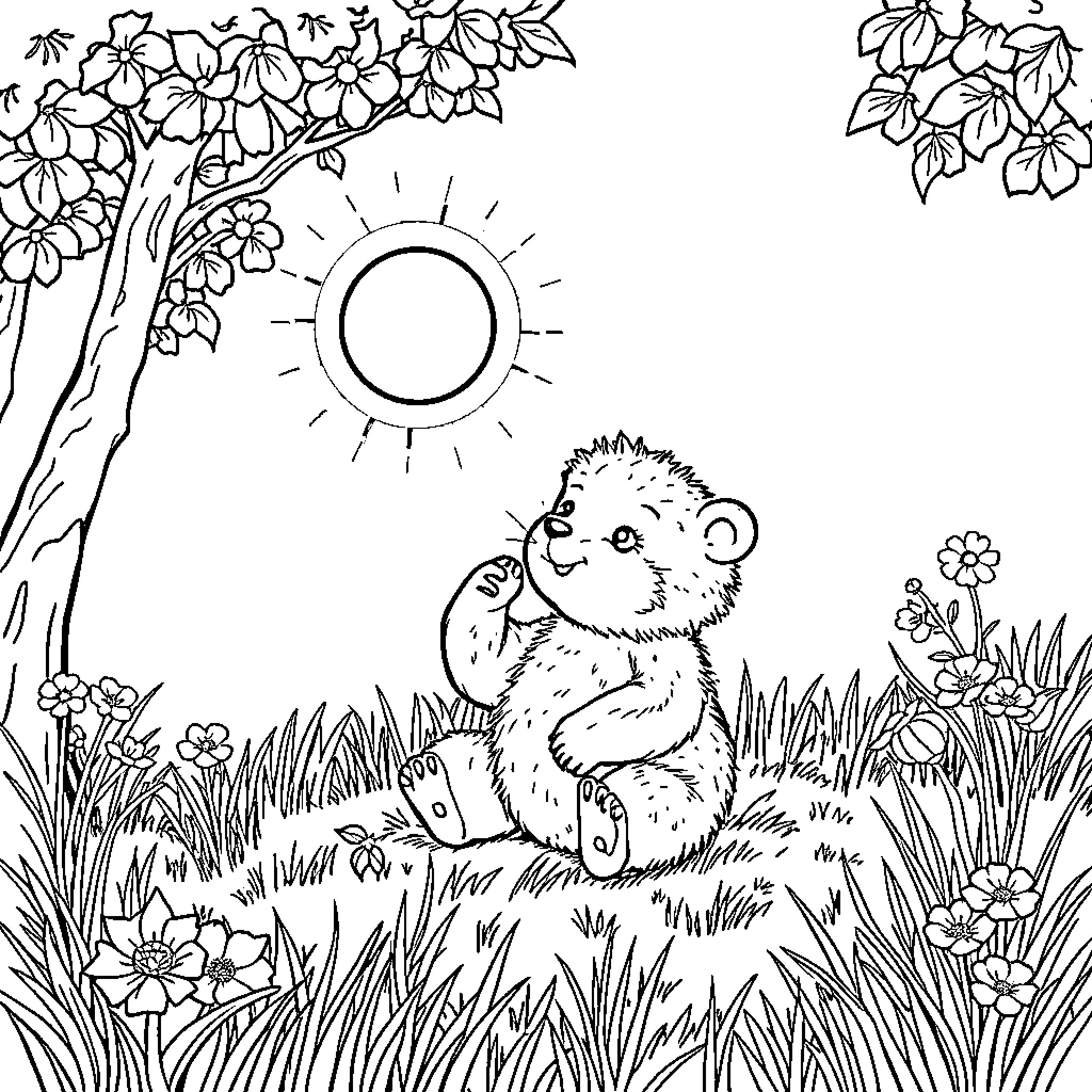 Bear enjoying peaceful spring day in nature Coloring Page (free black-and-white line drawing printable PDF for all, from beginners to advanced learners, including children, teens, adults, and seniors)