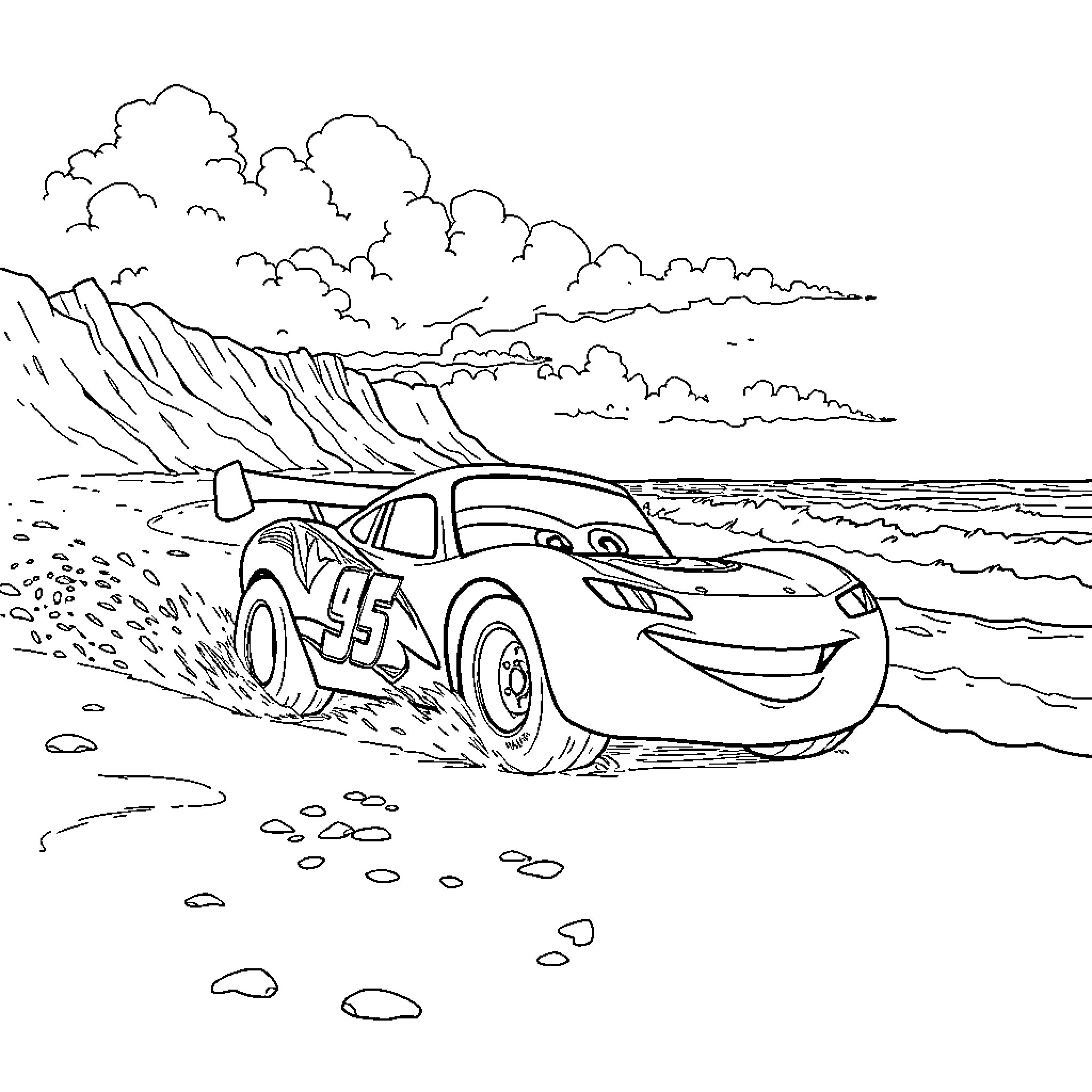 Lightning McQueen racing on the beach Coloring Page (free black-and-white line drawing printable PDF for all, from beginners to advanced learners, including children, teens, adults, and seniors)