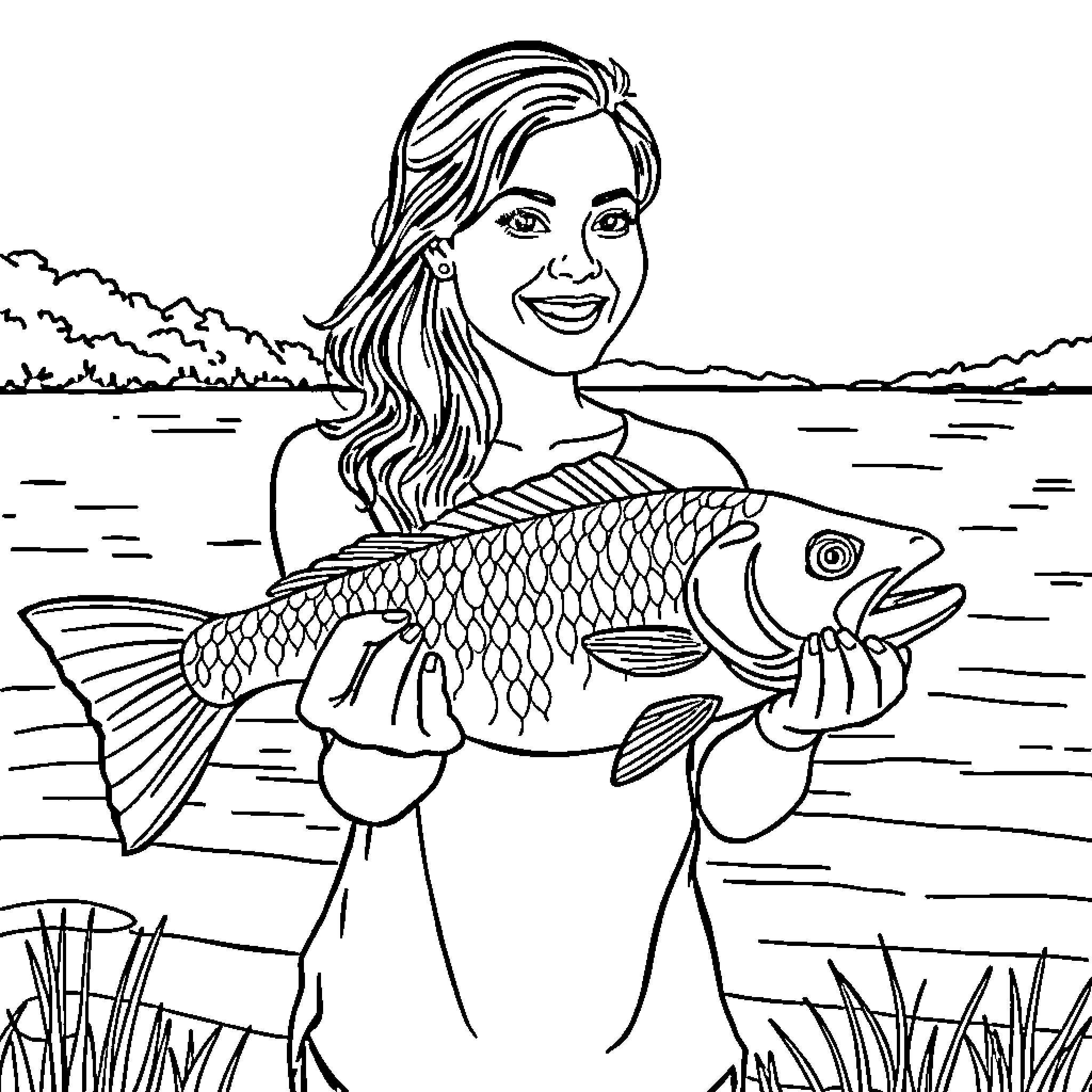 Woman Proudly Displaying Catch of the Day Coloring Page (free black-and-white line drawing printable PDF for all, from beginners to advanced learners, including children, teens, adults, and seniors)