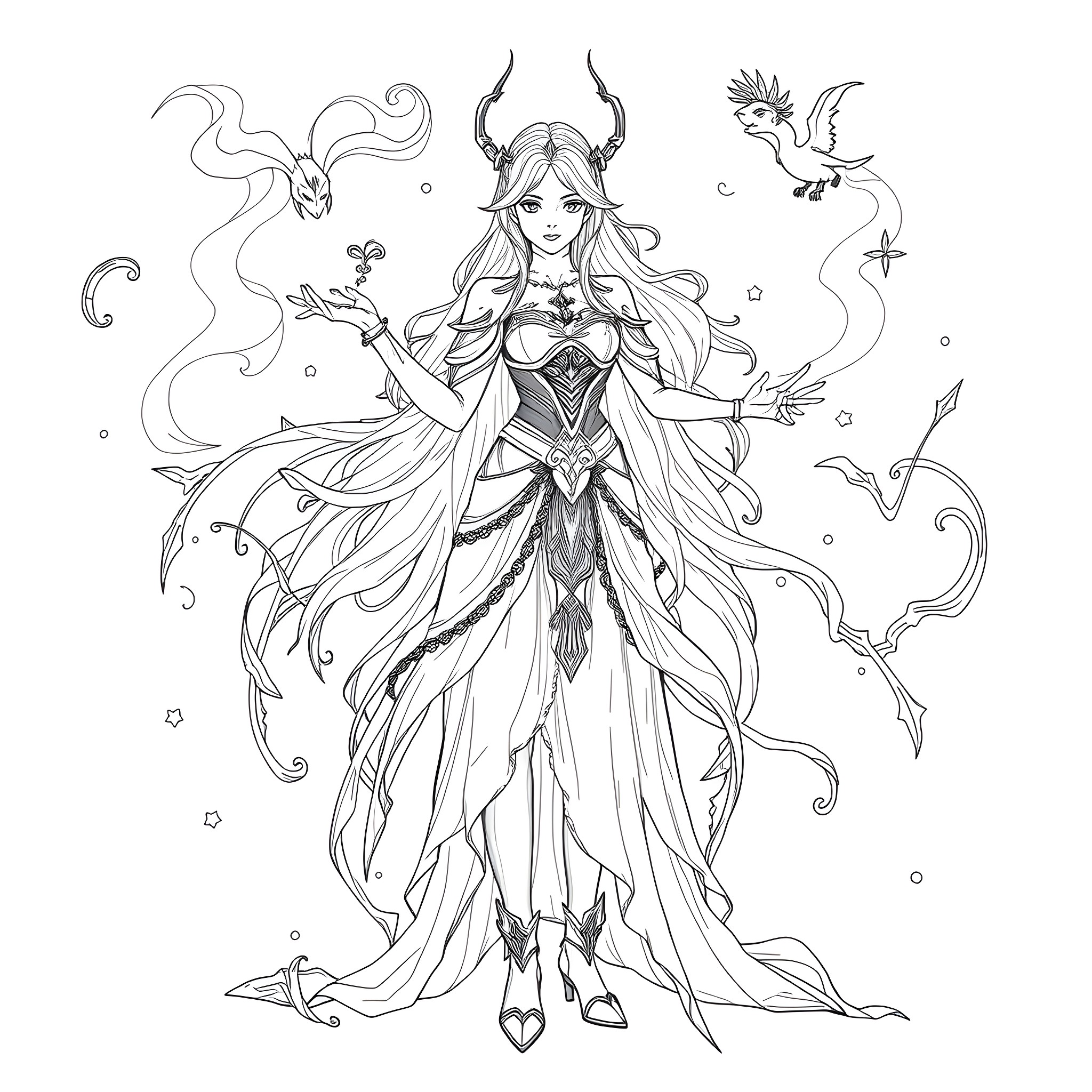 Rydia, the Enchantress in Flowing Robes with Mystical Creatures Coloring Page (free black-and-white line drawing printable PDF for all, from beginners to advanced learners, including children, teens, adults, and seniors)