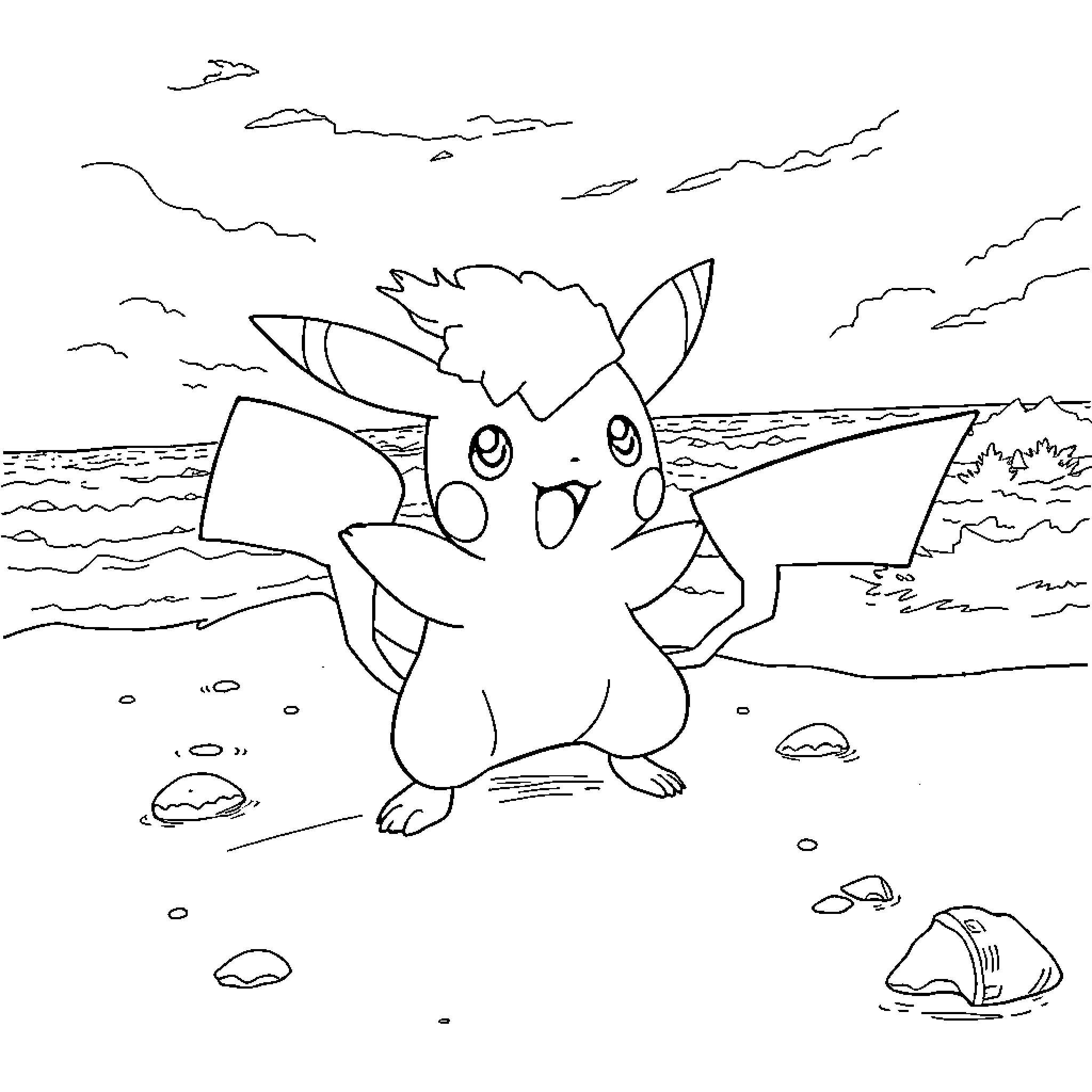 Pokémon Pikachu enjoying the beach scenery Coloring Page (free black-and-white line drawing printable PDF for all, from beginners to advanced learners, including children, teens, adults, and seniors)