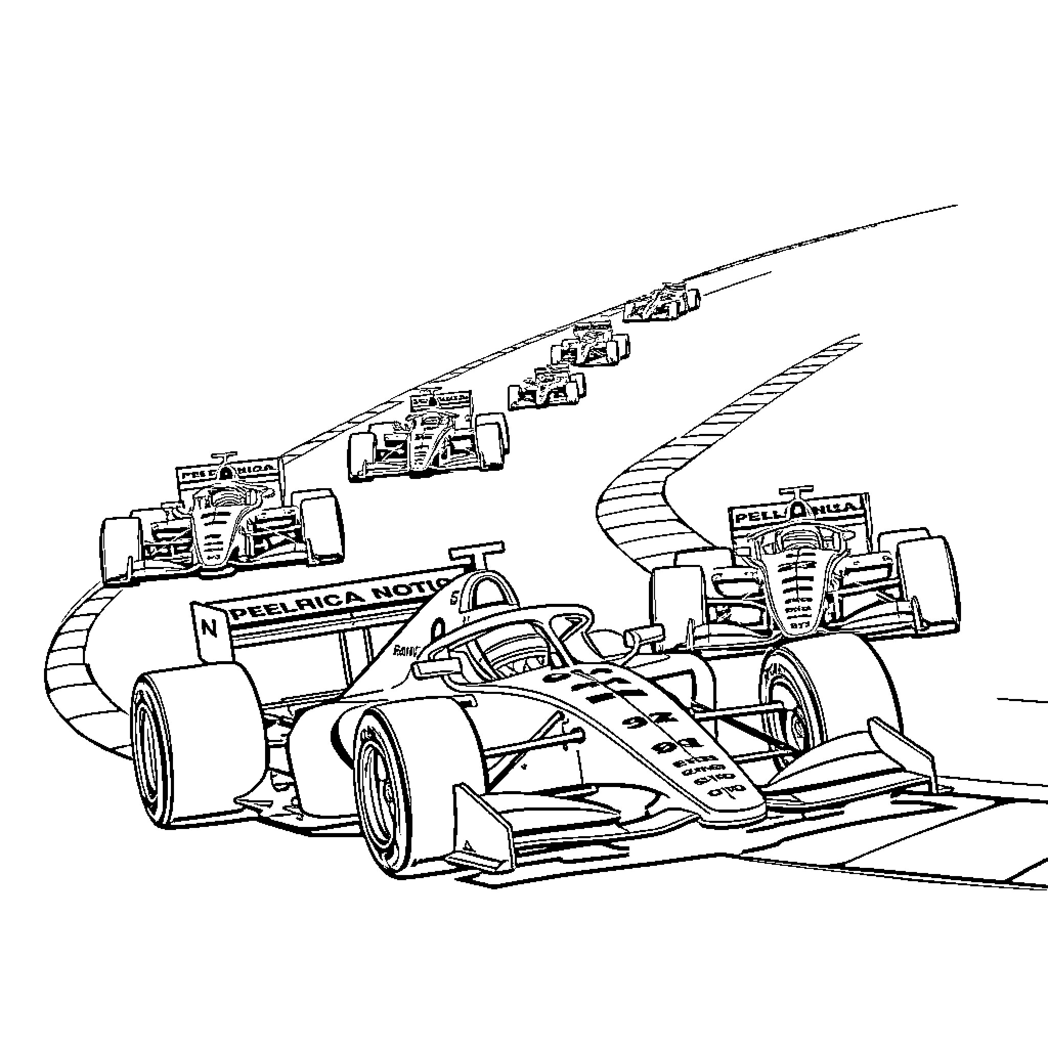 Formula 1 Racetrack with High-Speed Vehicles Coloring Page (free black-and-white line drawing printable PDF for all, from beginners to advanced learners, including children, teens, adults, and seniors)