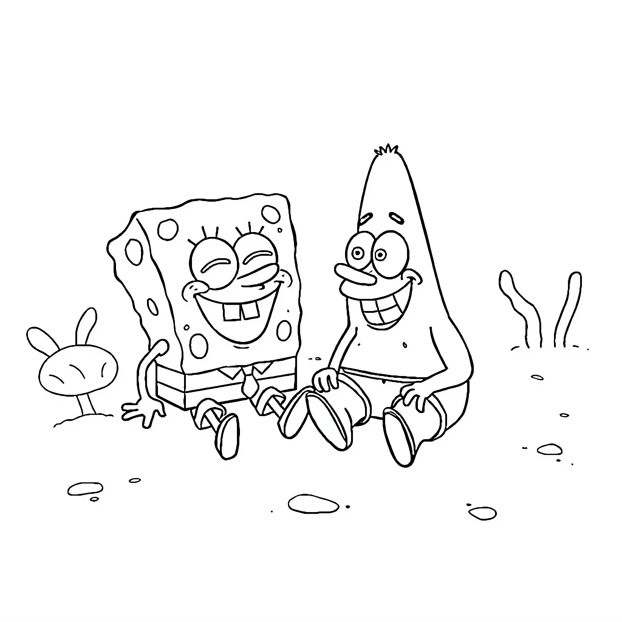 Spongebob and Patrick's Funny Antics Coloring Page (free black-and-white line drawing printable PDF for all, from beginners to advanced learners, including children, teens, adults, and seniors)