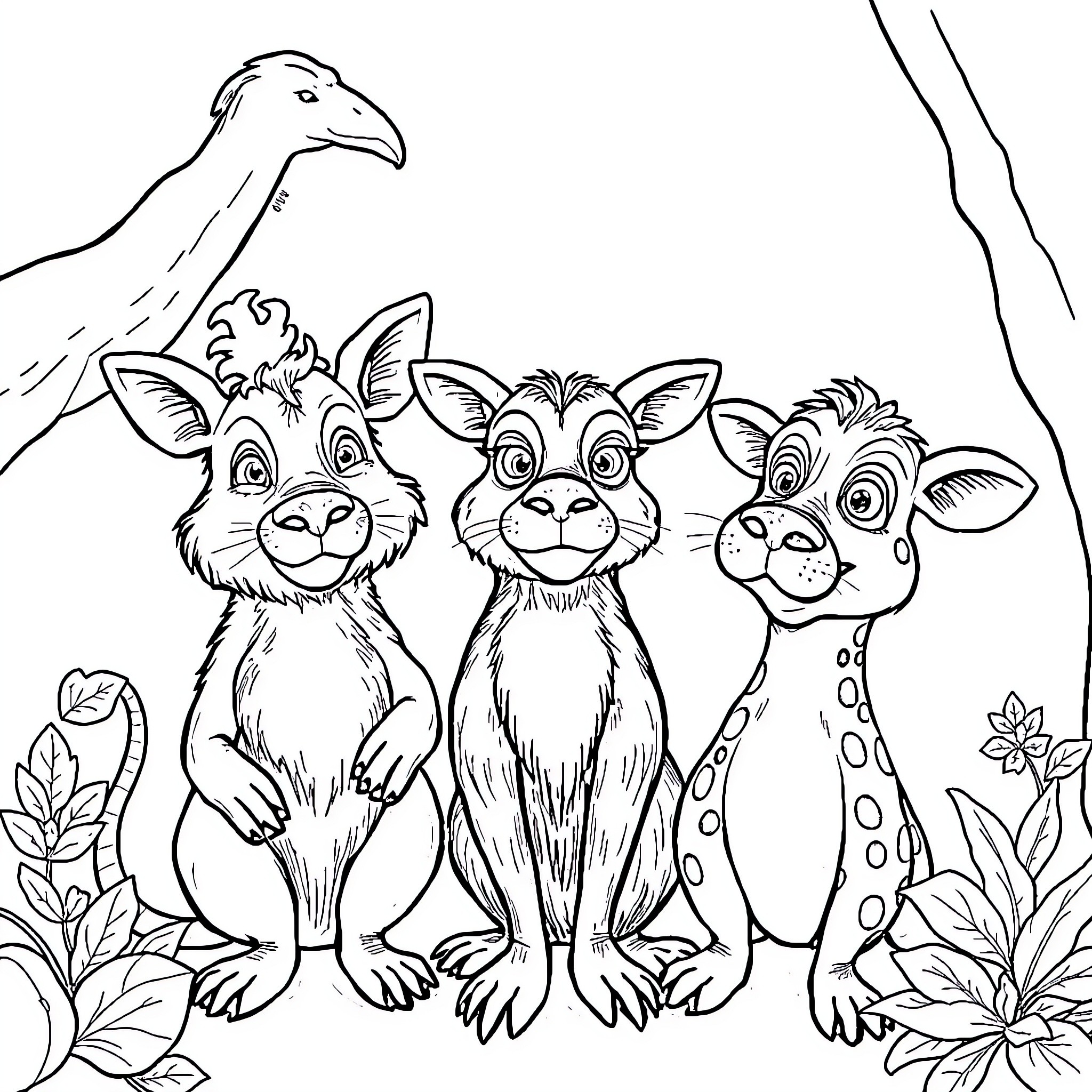 Animal friends gather for a joyful adventure Coloring Page (free black-and-white line drawing printable PDF for all, from beginners to advanced learners, including children, teens, adults, and seniors)
