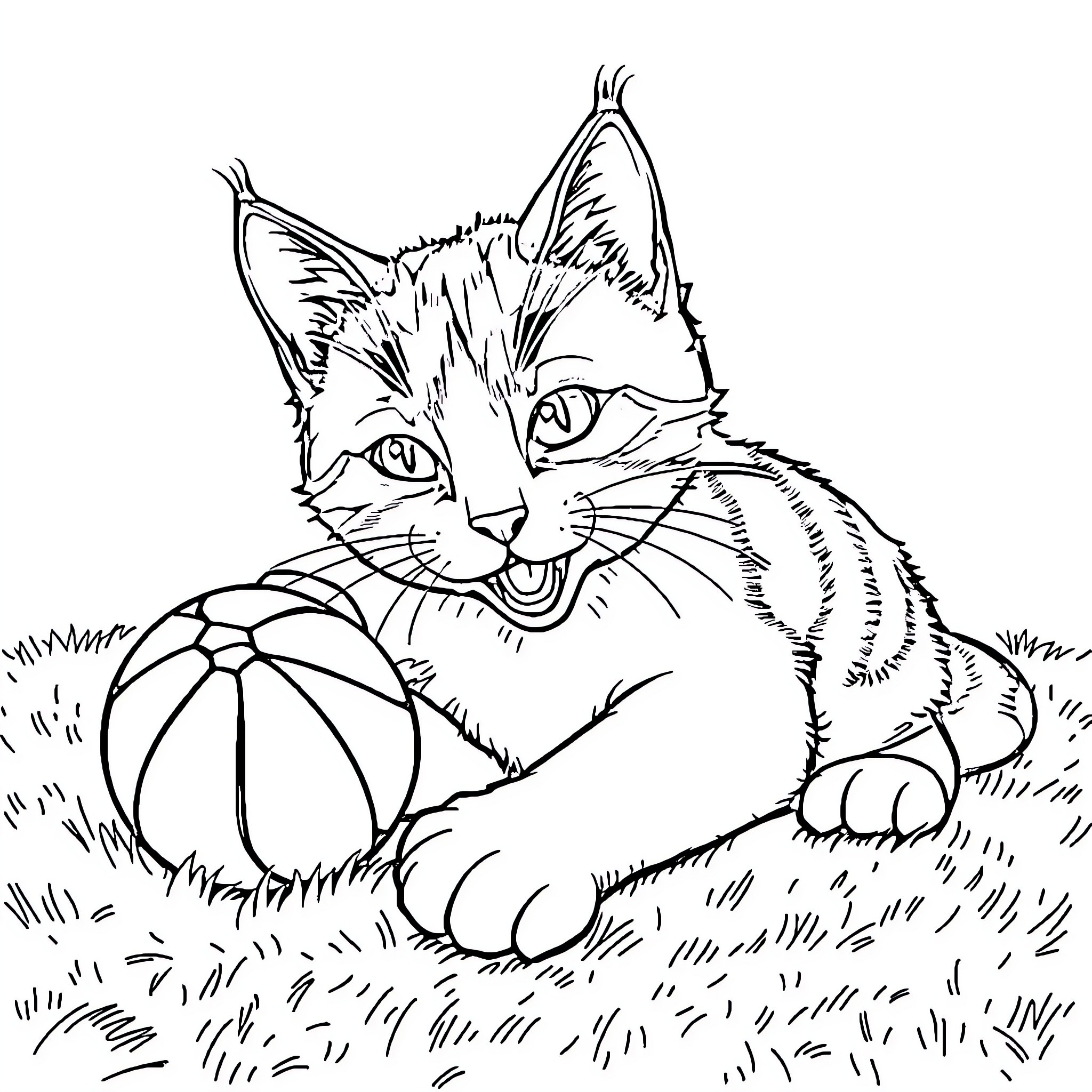 Cat playing with ball in the grass Coloring Page (free black-and-white line drawing printable PDF for all, from beginners to advanced learners, including children, teens, adults, and seniors)