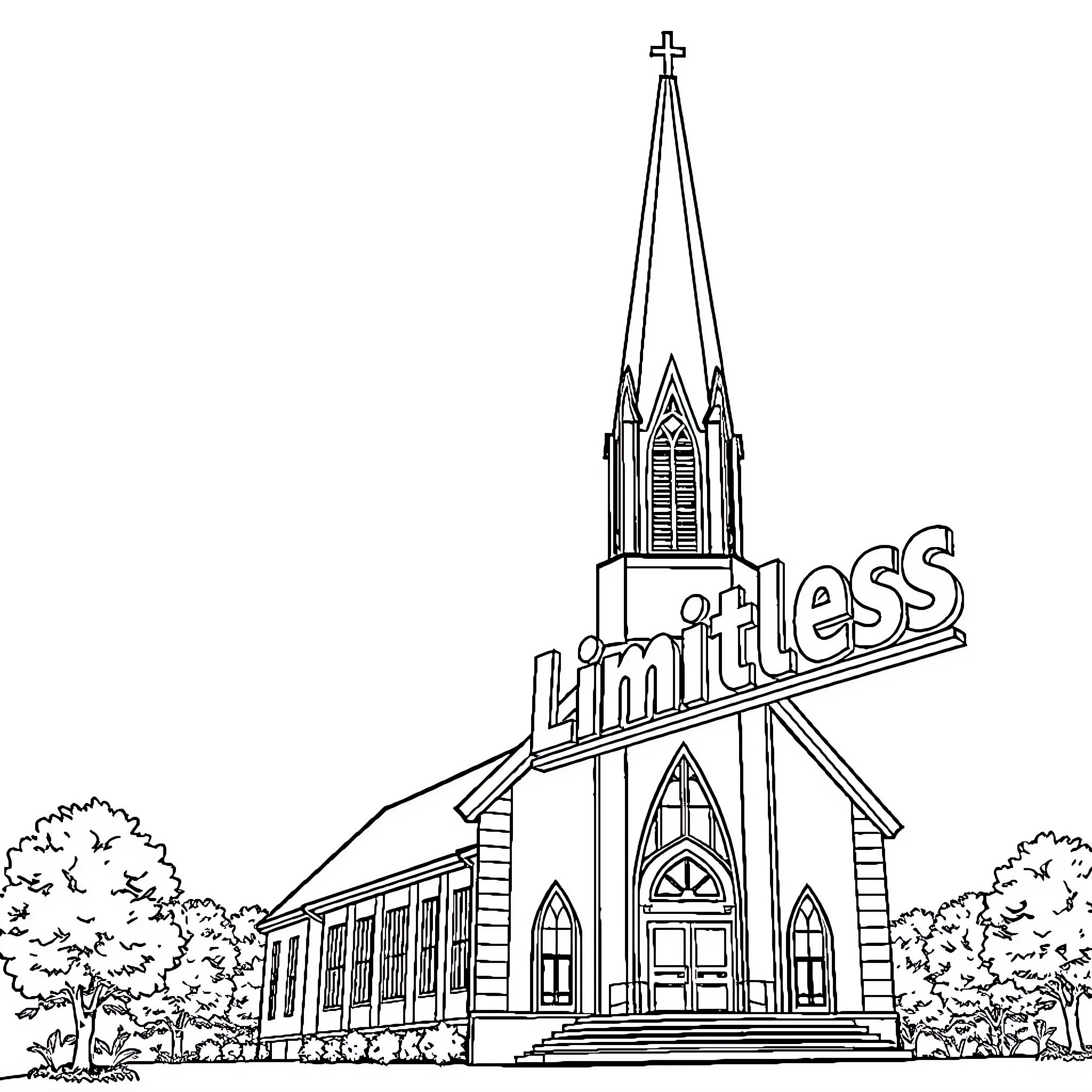 Church with Limitless sign and architectural features Coloring Page (free black-and-white line drawing printable PDF for all, from beginners to advanced learners, including children, teens, adults, and seniors)